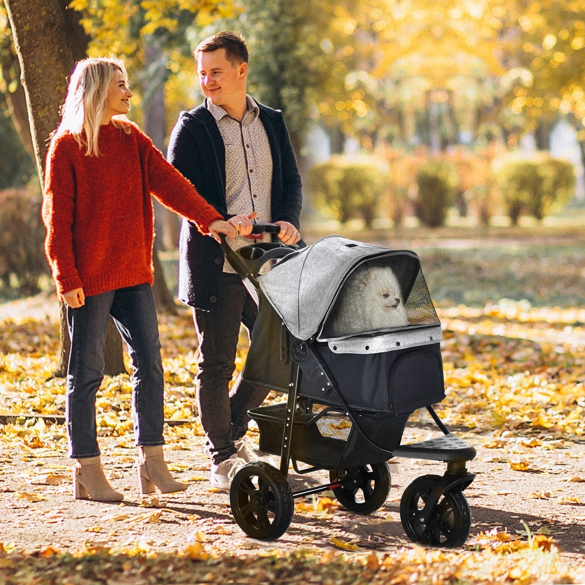 Hundewagen Hundebuggy Katzenbuggy Pet Stroller mit 3 Rädern klappbar Hunde Katze Oxford Grau+Schwarz 109,5 x 57,5 x 106,5 cm