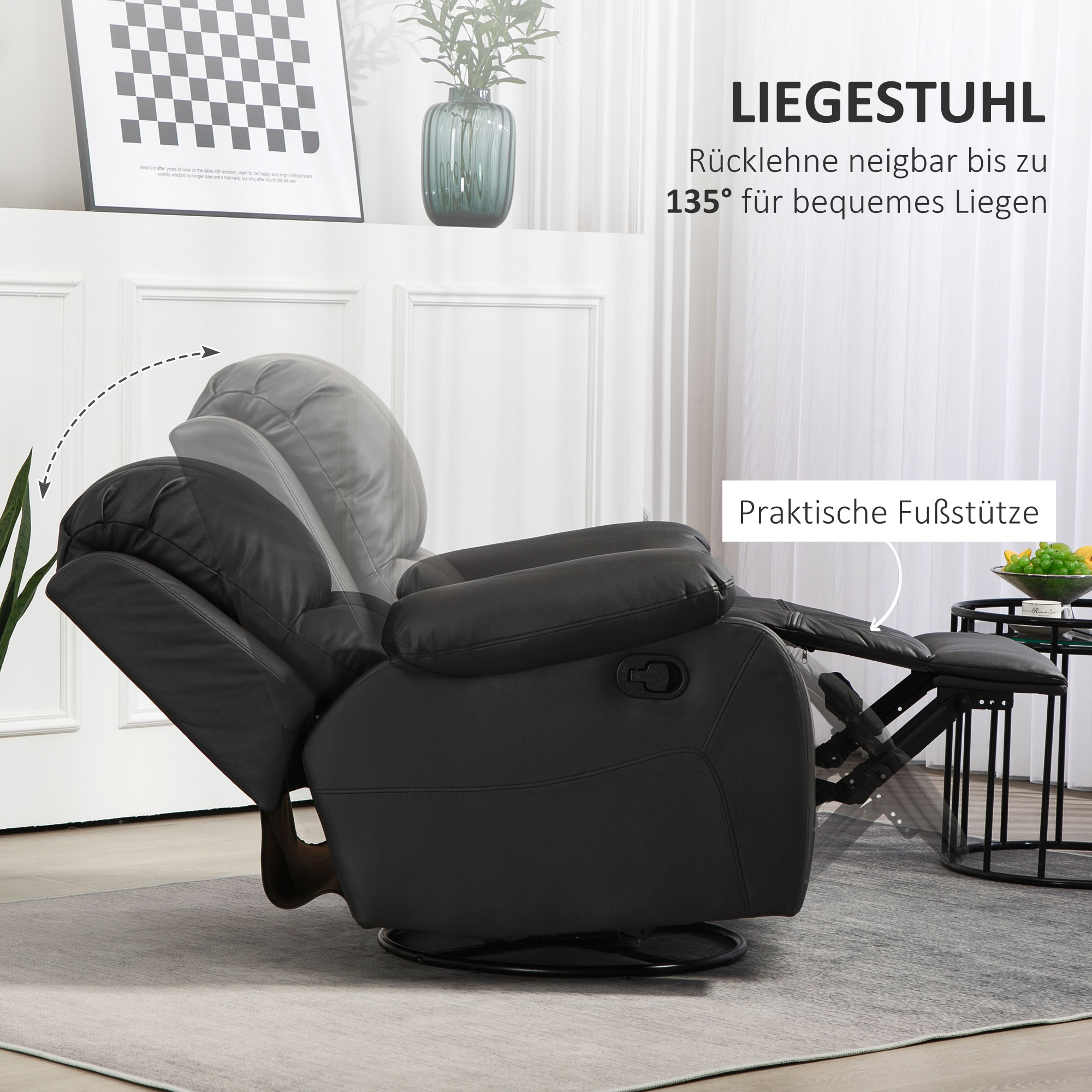 Relaxsessel, verstellbare Lehne & Fußstütze, drehbar, bis 150 kg, Stahlrahmen, 93x100x98cm, Schwarz