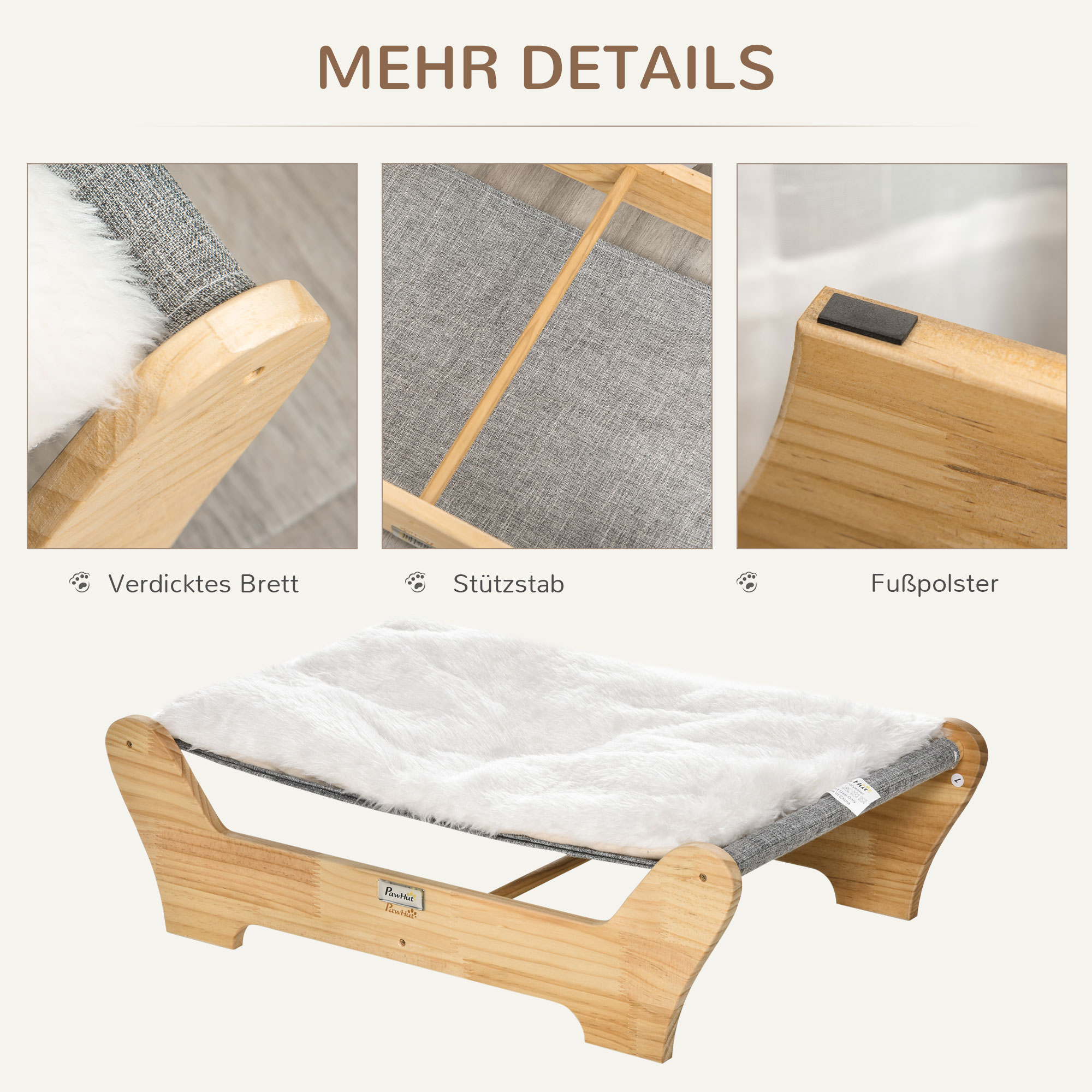 Katzenbett mit Gestell Hängematte für Katzen erhöhtes Katzennest mit weichem Kissen Kiefernholz Natur 68 x 43 x 20 cm