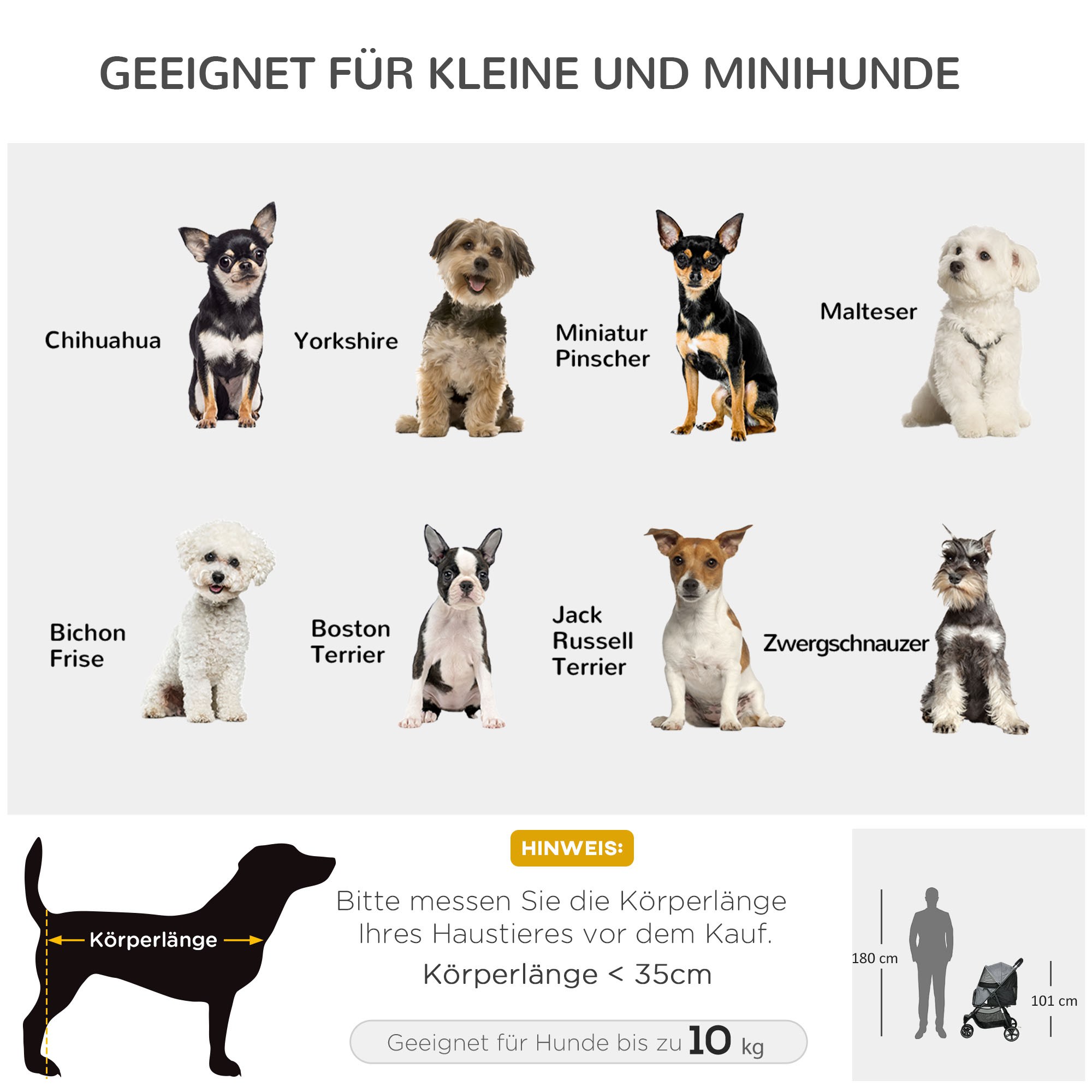 Hundebuggy Haustierwagen bis 10kg klappbar Regenschutz 2 Sicherheitsleinen 83cm x 55cm x 101cm Grau + Schwarz