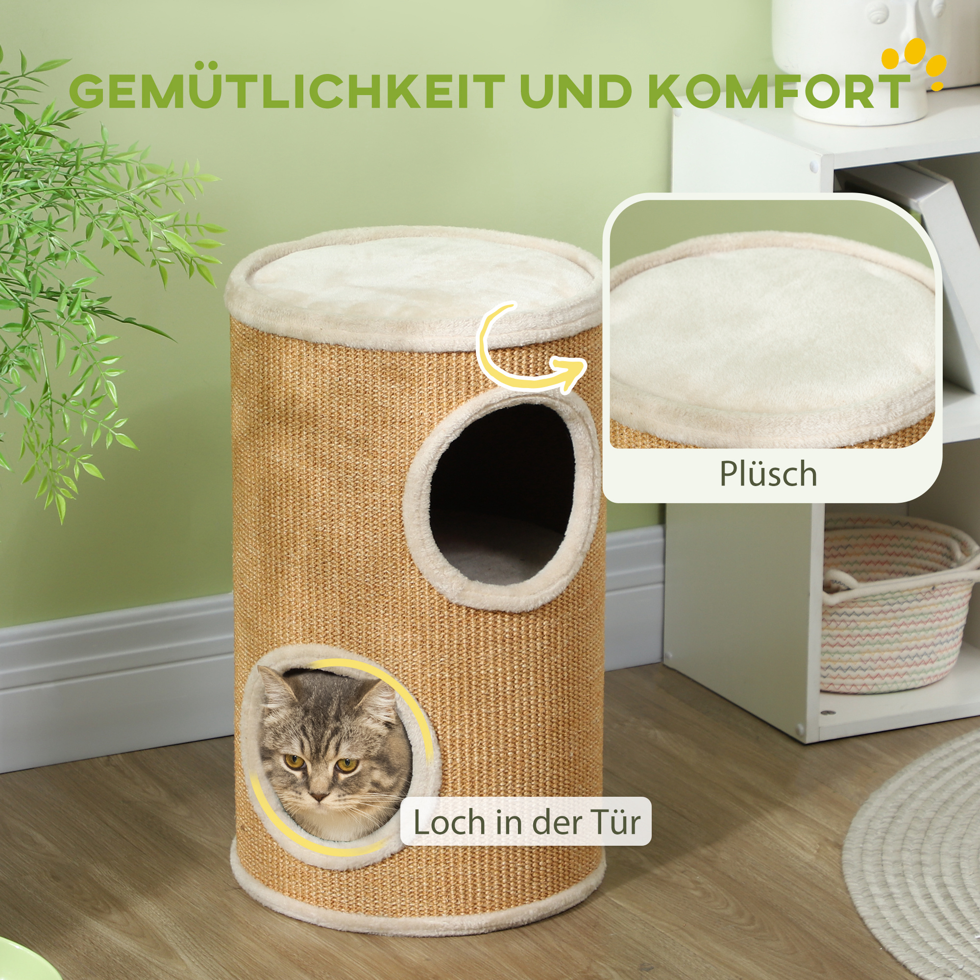 Katzenbaum mit viel Platz, Plüschbezug, Sisal-Oberfläche, ?35 x 60H cm, Braun-Beige, 10 kg