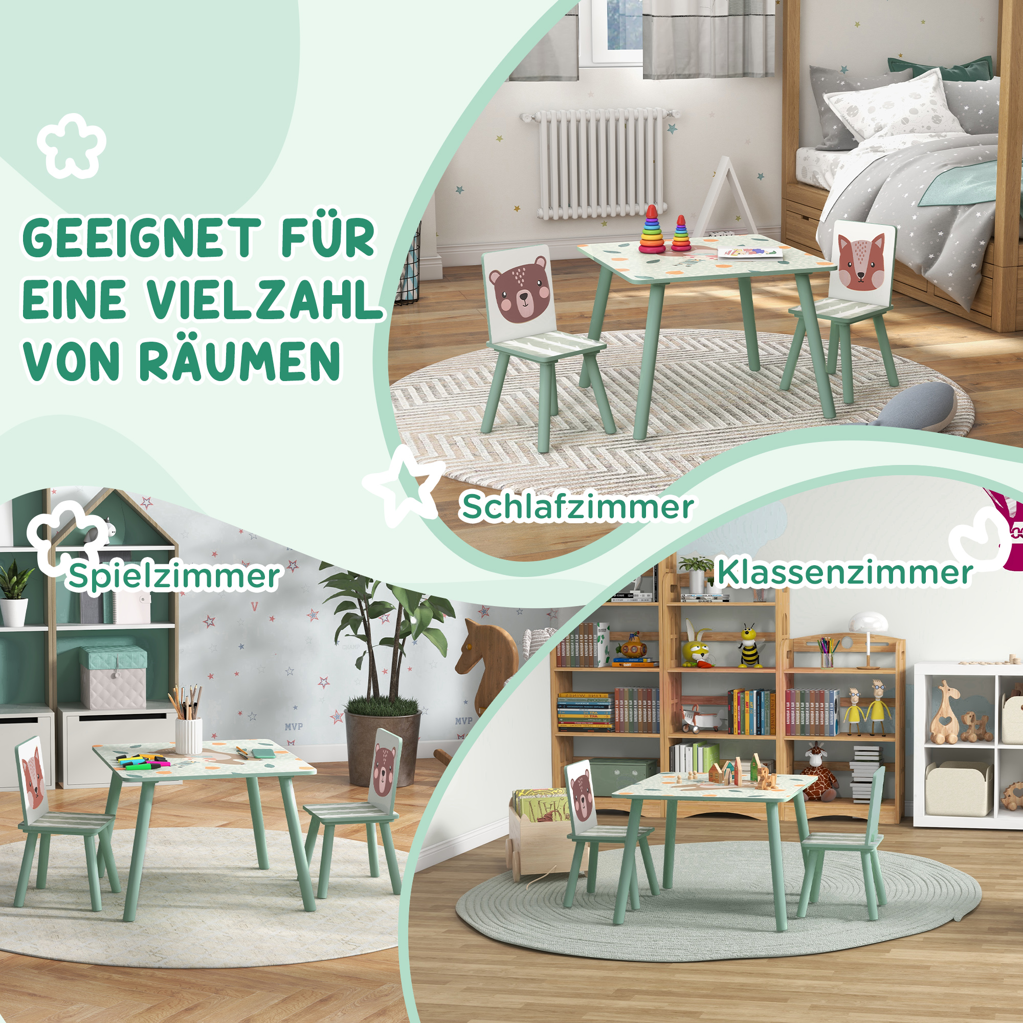 Sitzgruppe für Kinder 3-8 Jahre, 1 Tisch & 2 Stühle, niedliches Tiermotiv, Grün