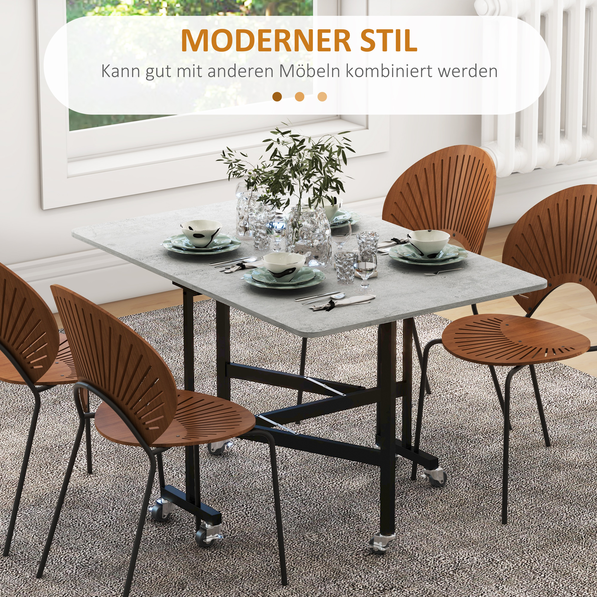 Esstisch für 4-6 Personen, Klapptisch mit Rollen, Stahlgestell, 52,5-120 x 80 x 73 cm, Grau