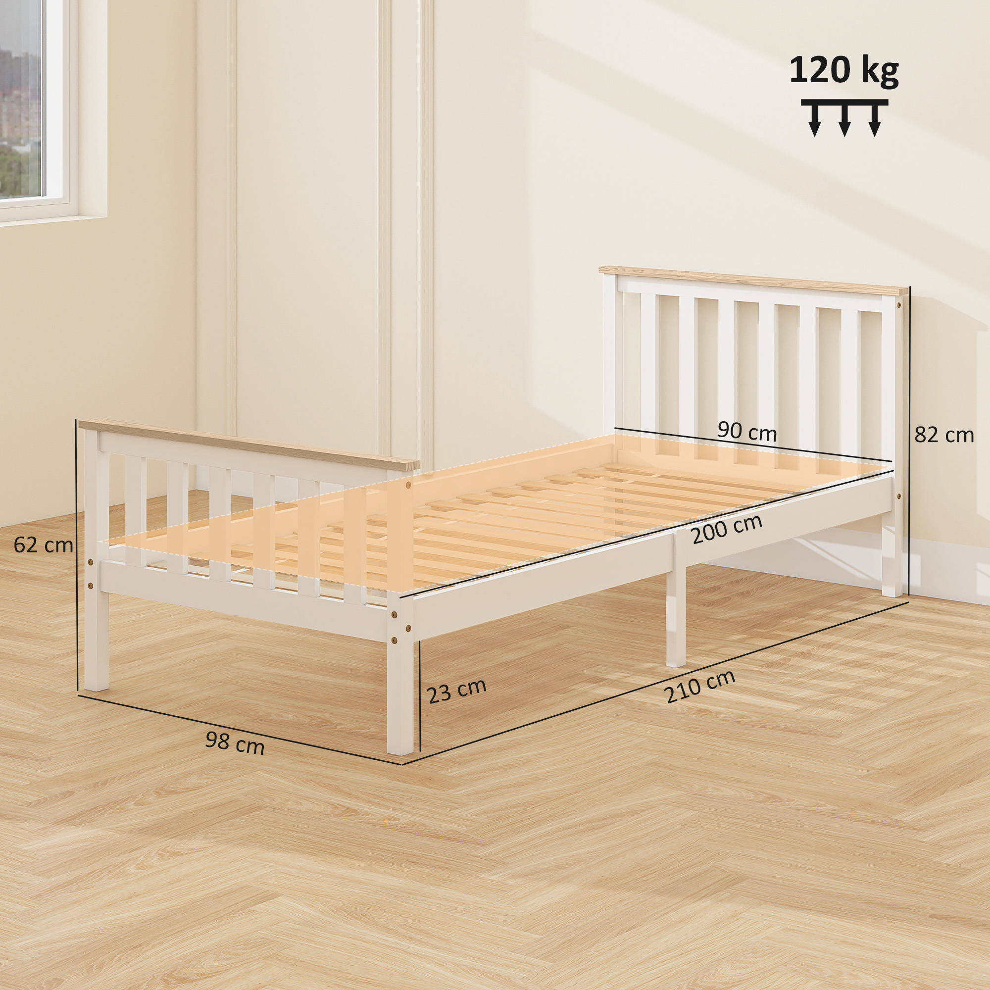 Einzelbettrahmen, Bettrahmen aus Holz, unterer Stauraum, Naturholz, Weiß