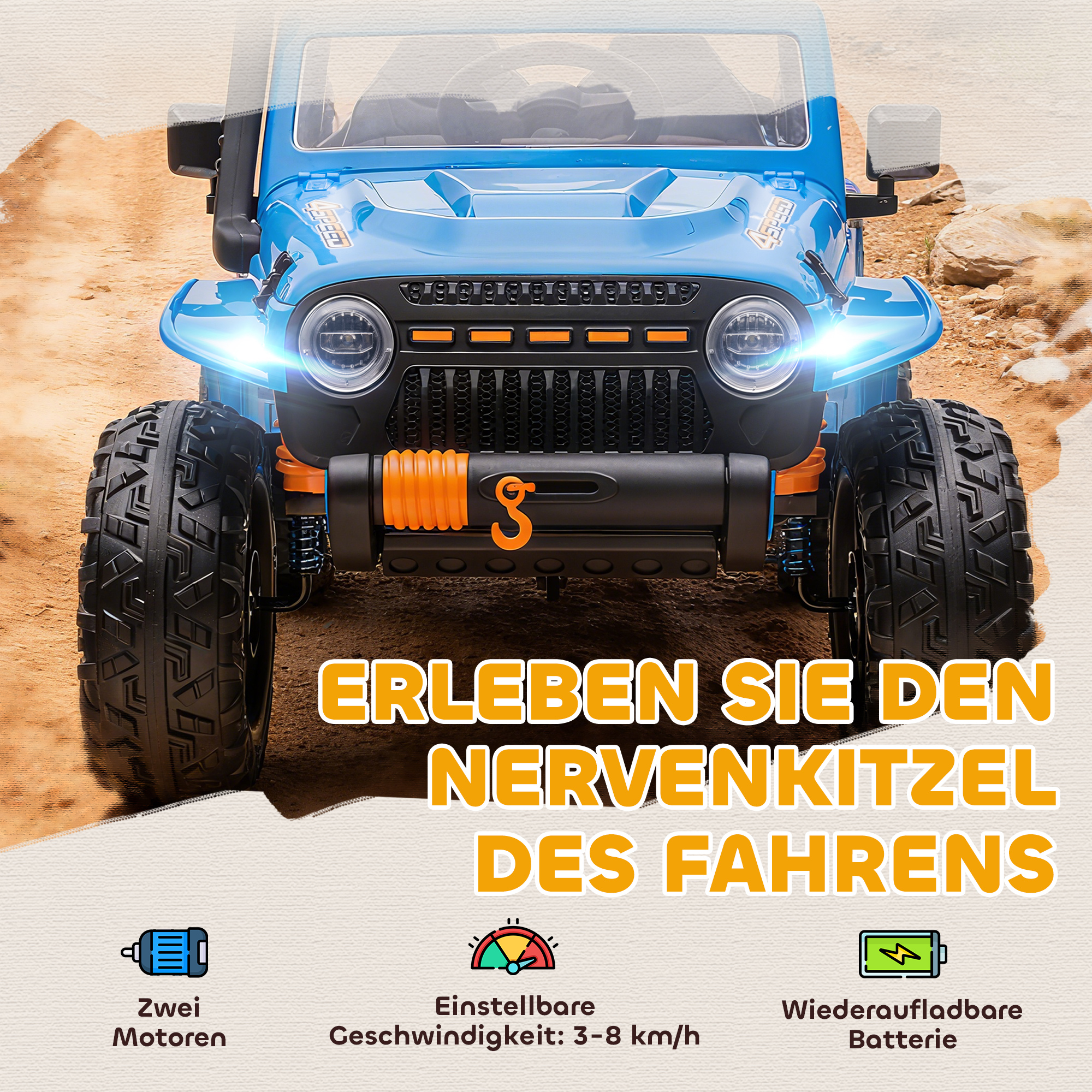 Elektrofahrzeug für Kinder, 12V Batterie, mit Eltern-Kind-Sitz, fernsteuerbar, Musik, Hupe, LED-Lichter, 3-8 Jahre, Blau