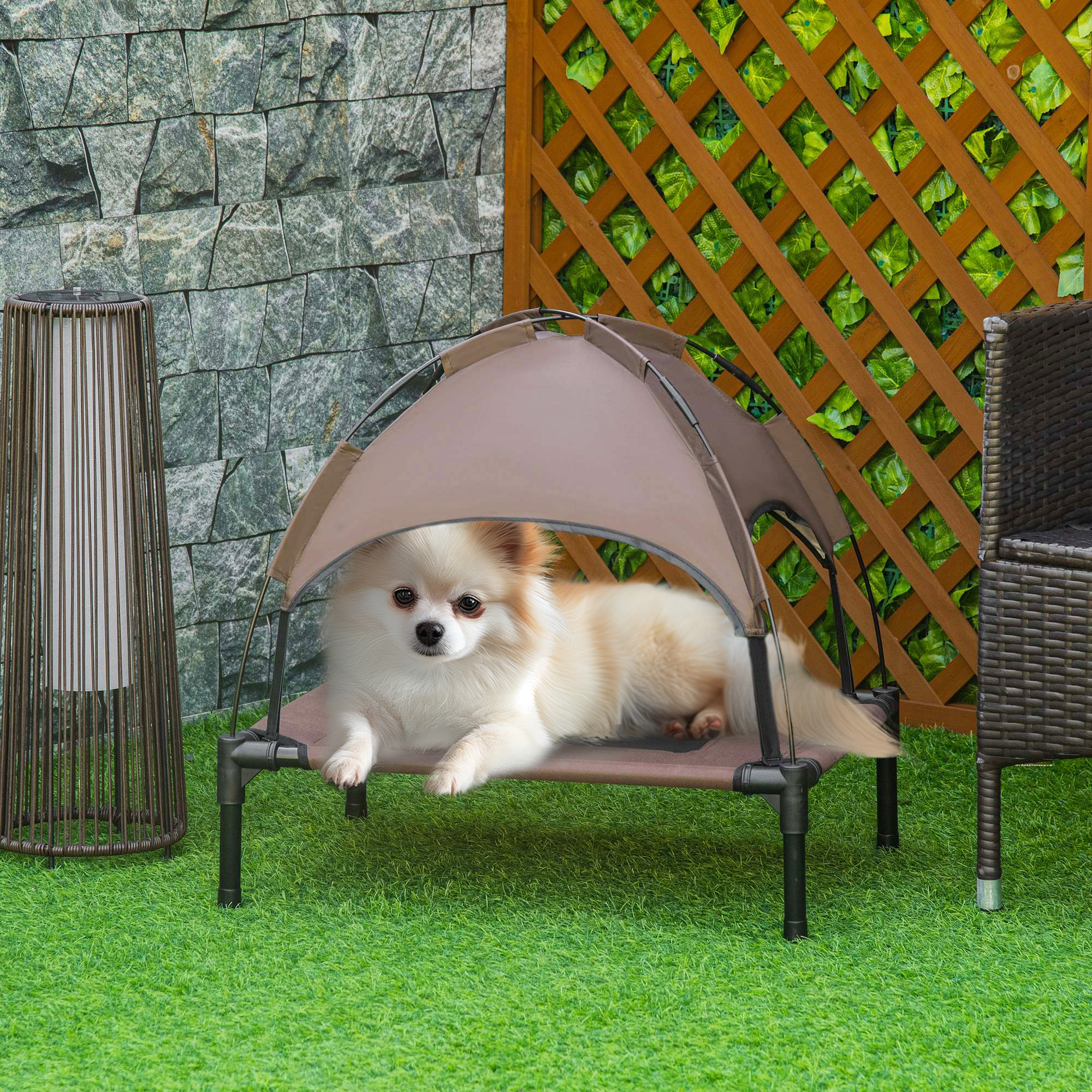 Haustierbett mit Baldachin, klappbar, Hundeliege, Outdoor-Hundebett, Mesh-Stoff, Braun + Schwarz