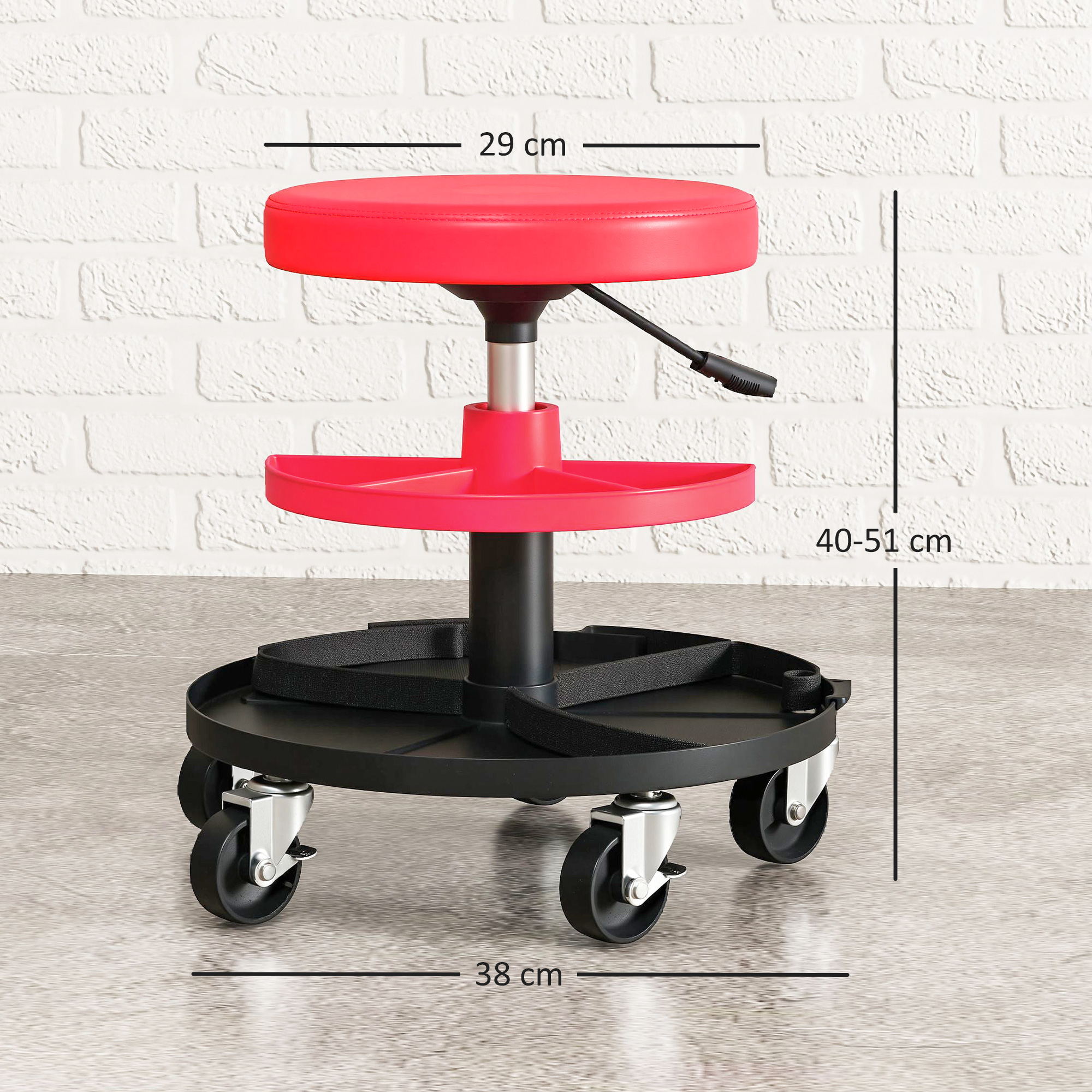 Werkstatthocker mit Rollen Tabletts höhenverstellbar 40-51cm Rollhocker bis 135 kg belastbar Rot
