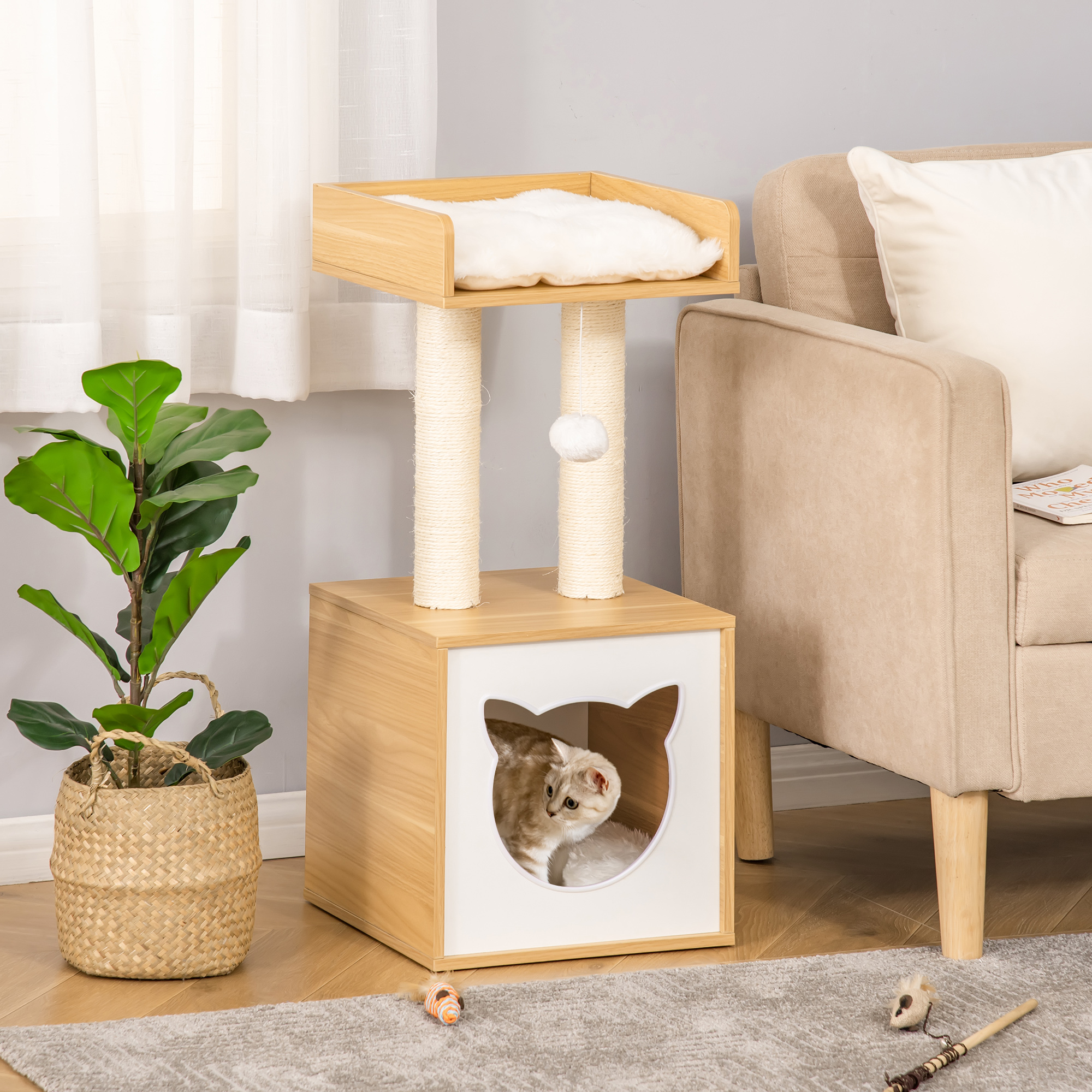 Katzenhöhle Katzenbett mit waschbarem Kissen, Plattform, Kratzsäule, Spielball, Katzenhaus für Katzen für Indoor 35 x 35 x 81 cm Eiche