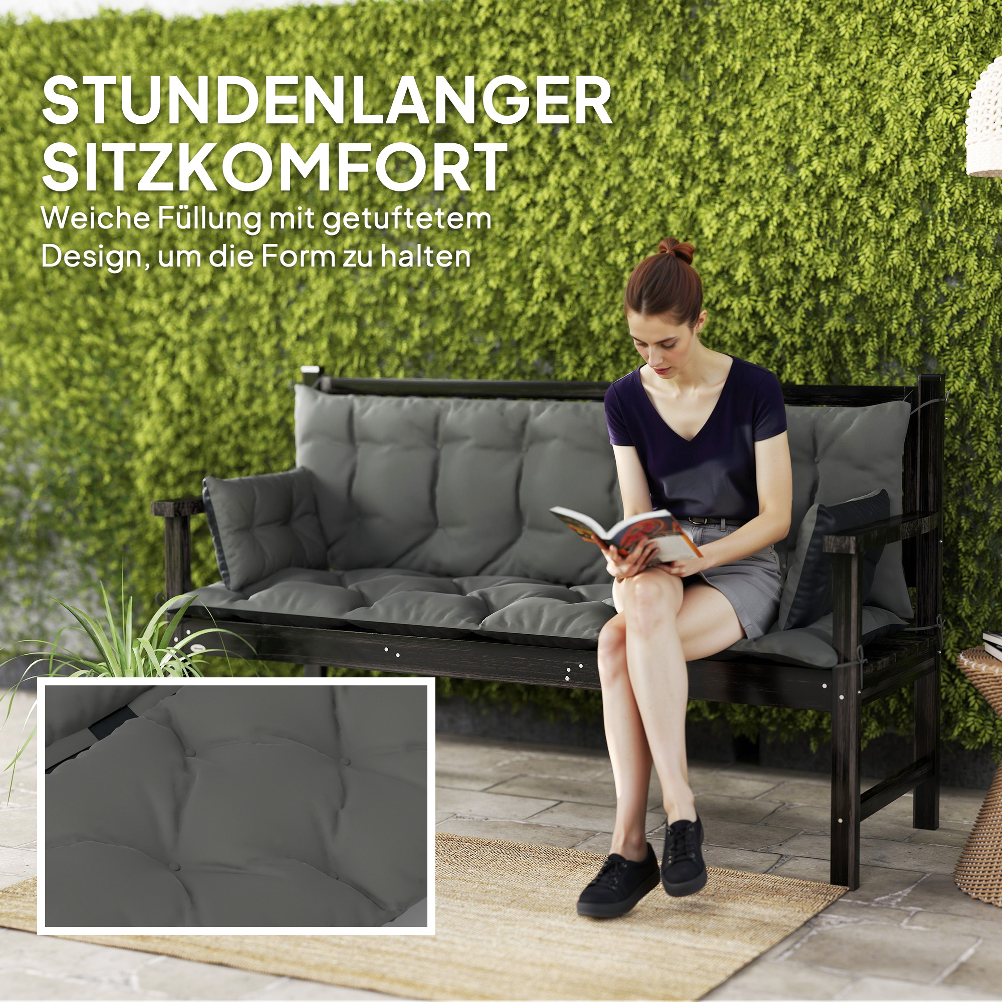 Outdoor-Kissen-Set für Bank oder Hollywoodschaukel, zweifarbig, Polyester, Schaumstoff, 180 x 110 x 8 cm, Dunkelgrau