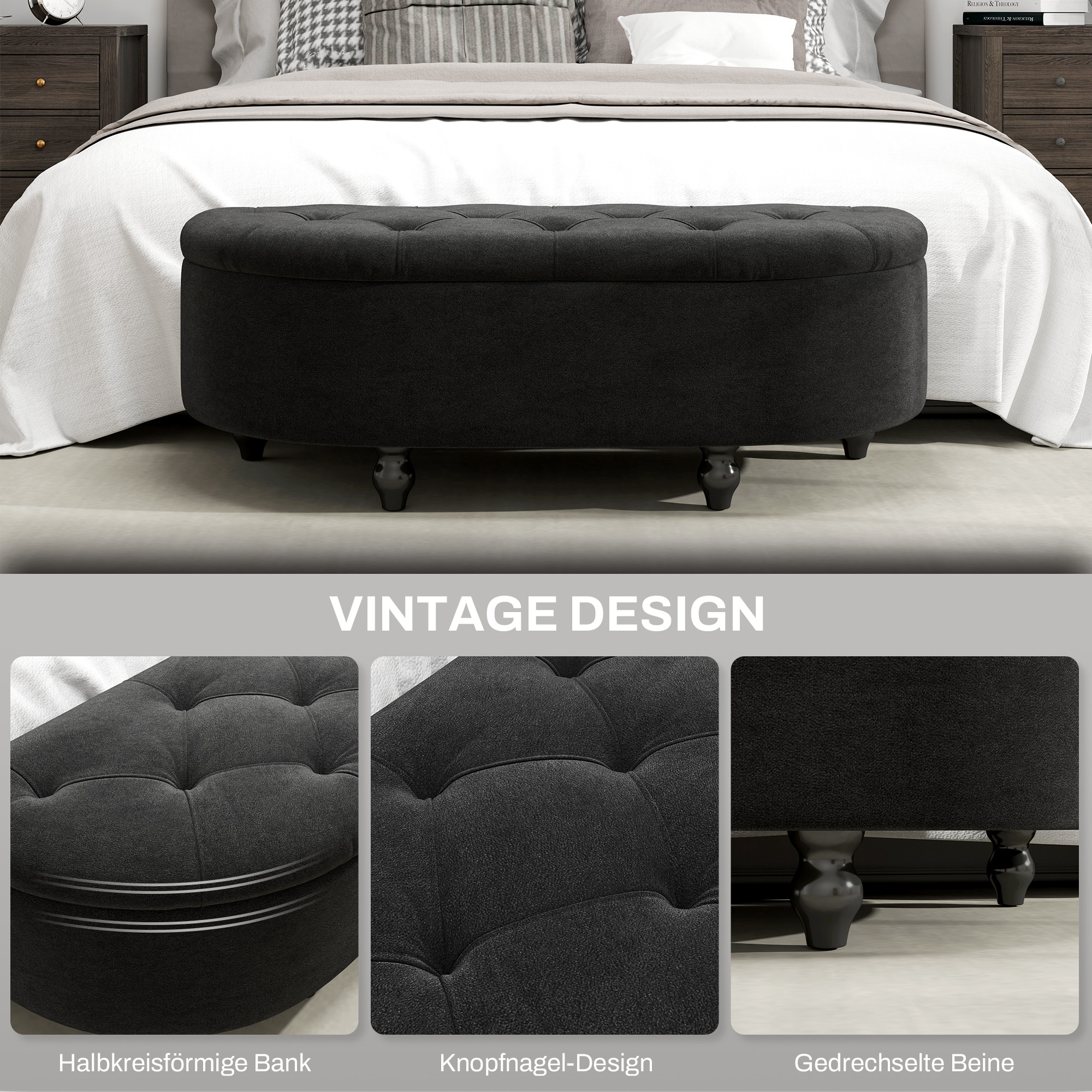 Hocker mit Stauraum, Sitztruhe, gepolstert, soft-close Deckel, Samtoptik, 120 x 46 x 42 cm, Dunkelgrau