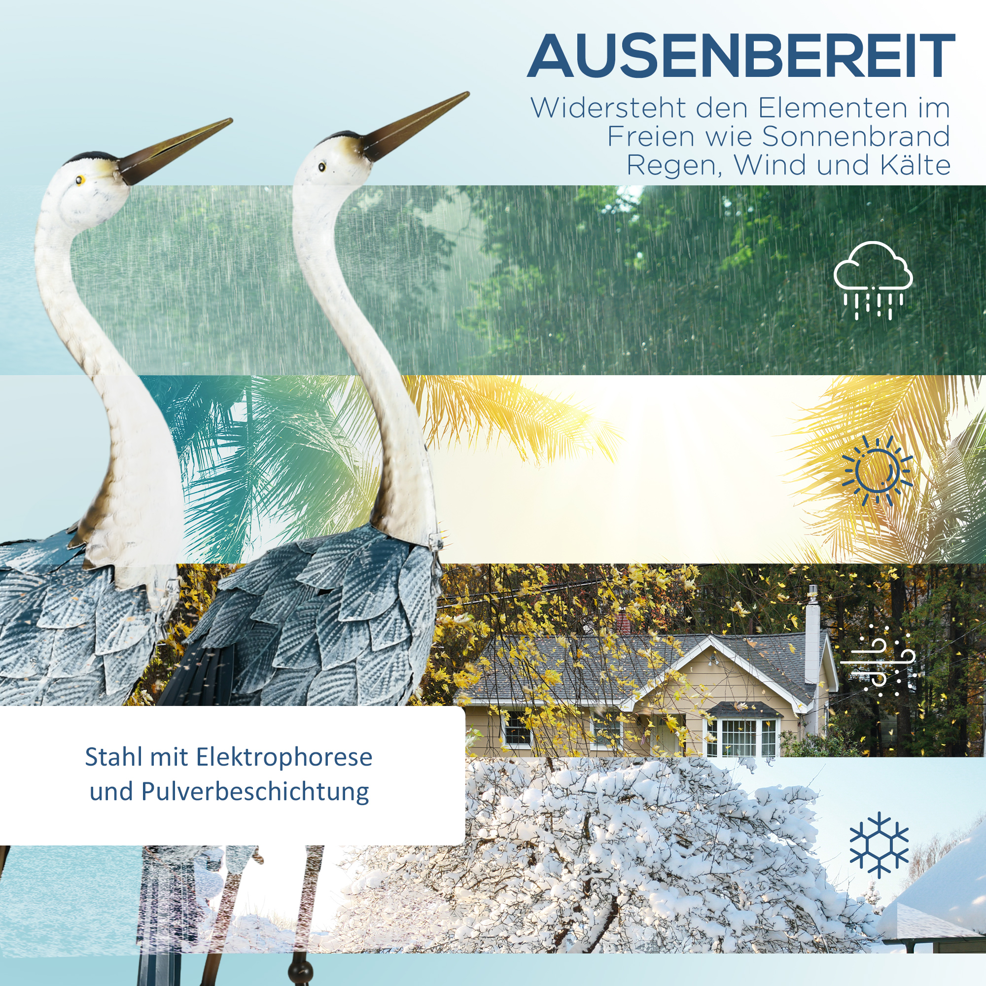 Gartenfigur Kraniche, 2-er Set, rostfrei, wetterfest, farbbeständig, Stahl, 26 x 15 x 74 cm, Blau/Weiß/Grau