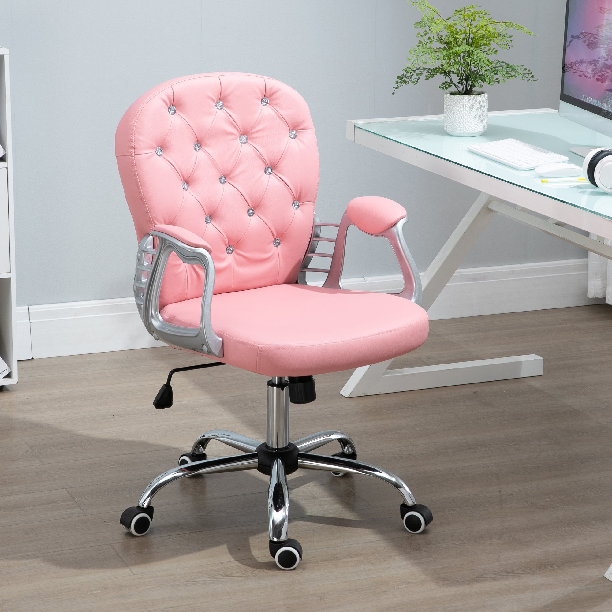 Bürostuhl, Ergonomisch Schreibtischstuhl mit Armlehne, Gepolsterter Rückenlehne, Höhenverstellbar Computerstuhl mit Kunstlederoptik, Drehstuhl für Home Office, Rosa