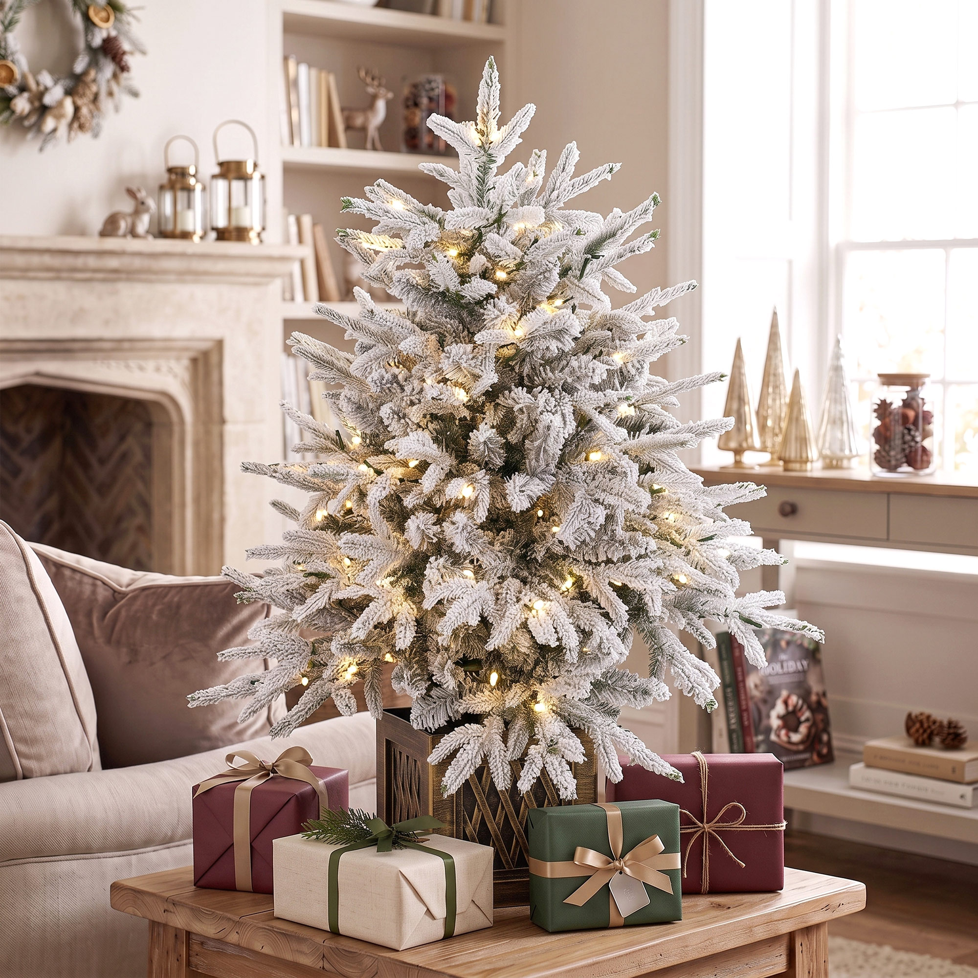 Tisch-Weihnachtsbaum 90 cm, vorbeleuchtet, beschneit, künstlich, 70 warmweiße LEDs, 488 Spitzen, Grün