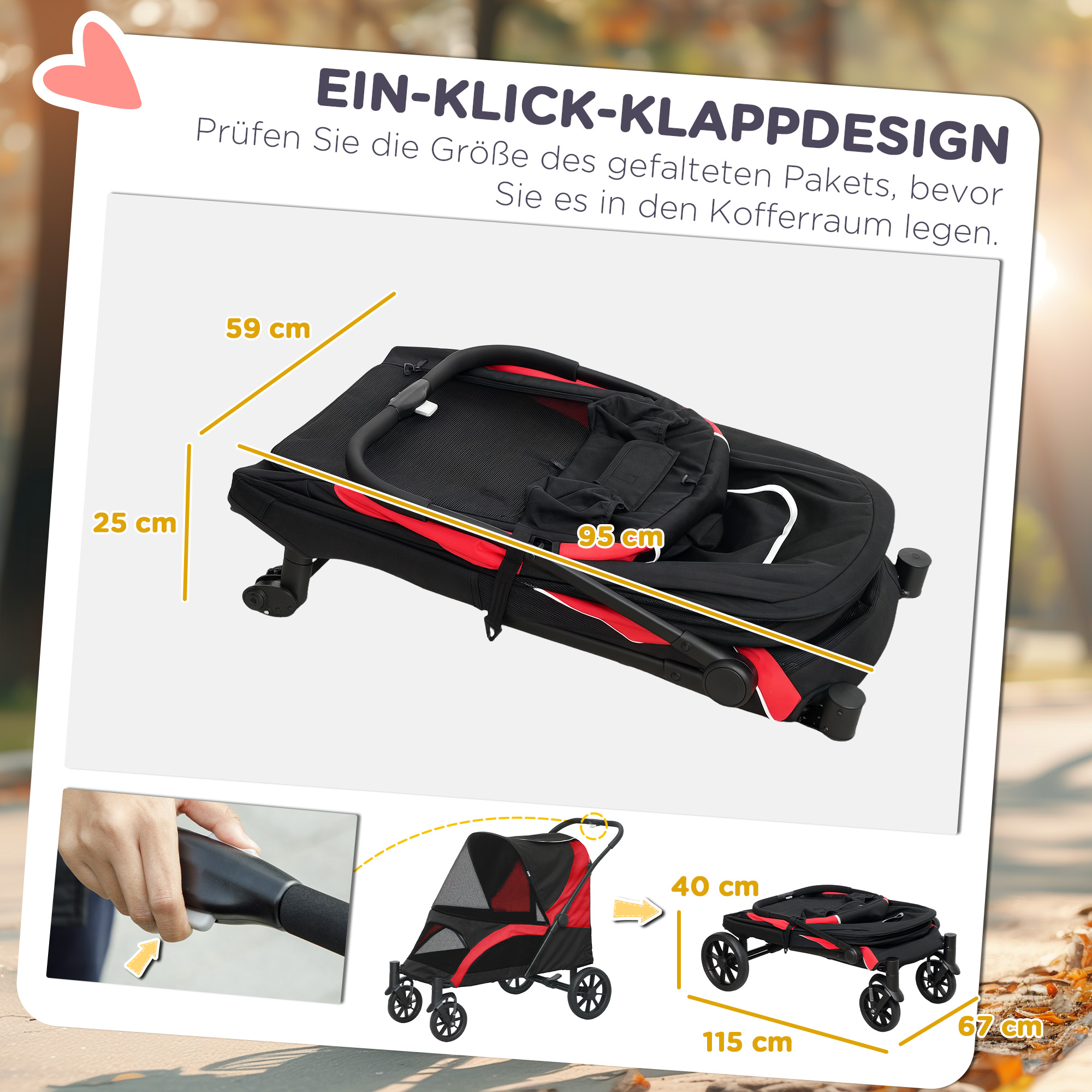Hundewagen, Faltbarer Hundebuggy für große Hunde, Haustierwagen mit 4 Rädern, Sicherheitsleinen, Bremsen, Schwarz