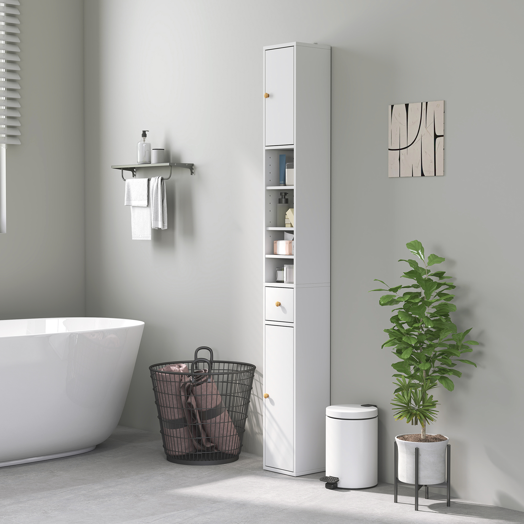 Badezimmerschrank, hoch und schlank, offene und geschlossene Bereiche, Weiß