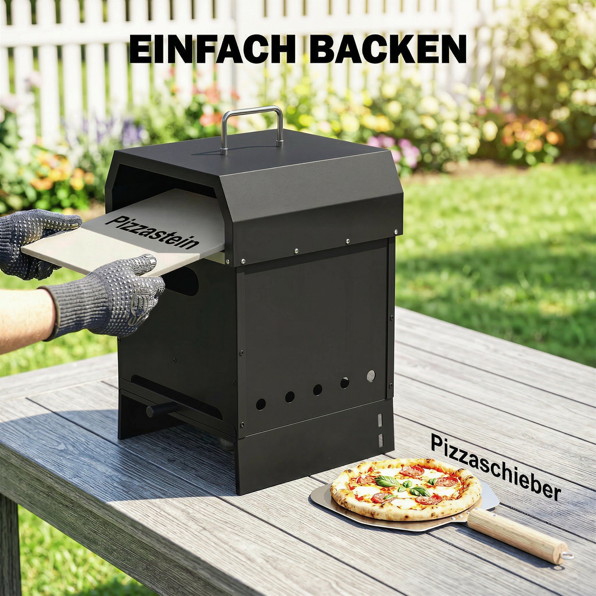 3-in-1 Outdoor Pizzaofen Holzbefeuert Pizza Ofen 2 Ebene Backofen mit Pizzastein Griffen Pizzaschaufel