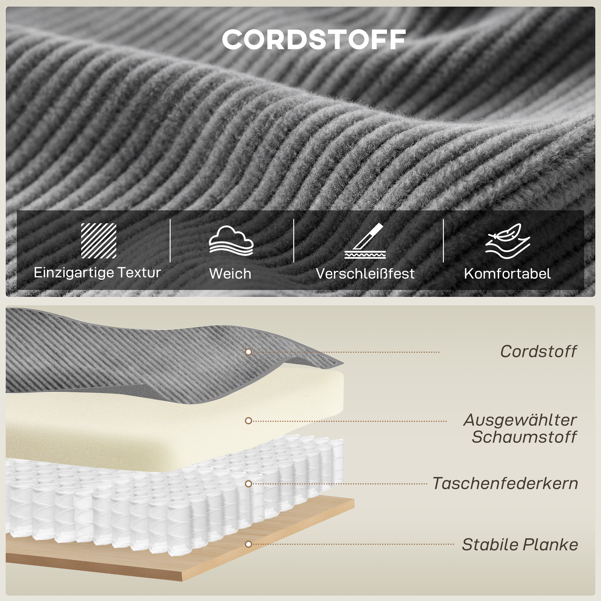 218 cm 3-Sitzer Sofa, modernes Cord-Sofa mit Taschenfeder-Polsterung, breiten Armlehnen und 2 Kissen, hellgrau