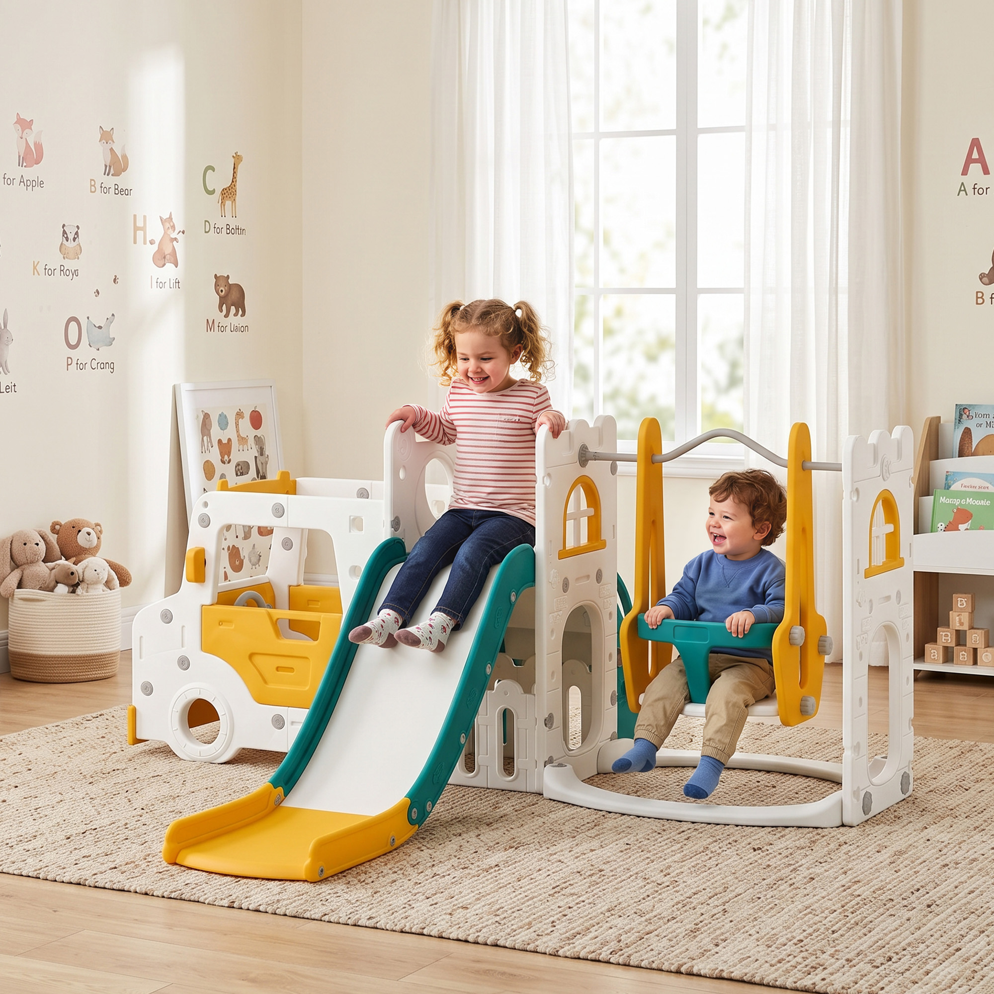 7 in 1 Kinderrutsche mit Schaukel Tunnel Gartenrutsche mit Auto Lenkrad Hupe Klettergerüst 4PCS Moduls 1–4 Jahre Weiß
