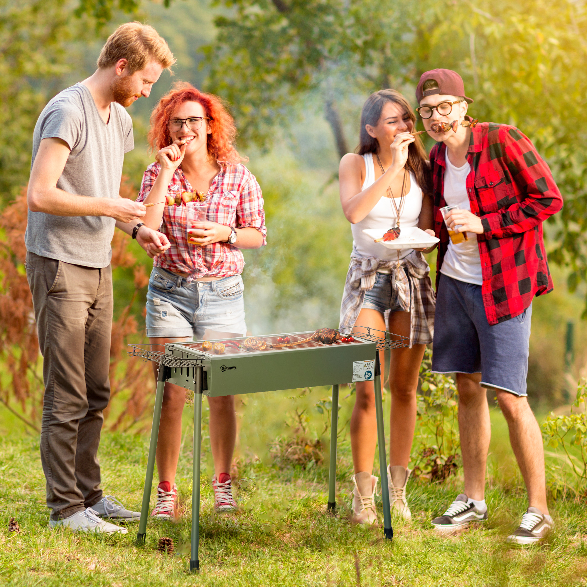 Holzkohlegrill, 2x Grillrost, 1x Kohlegitter, 2x Seitenkorb, rostfreier Stahl, dunkelgrün, 94 x 39 x 70 cm