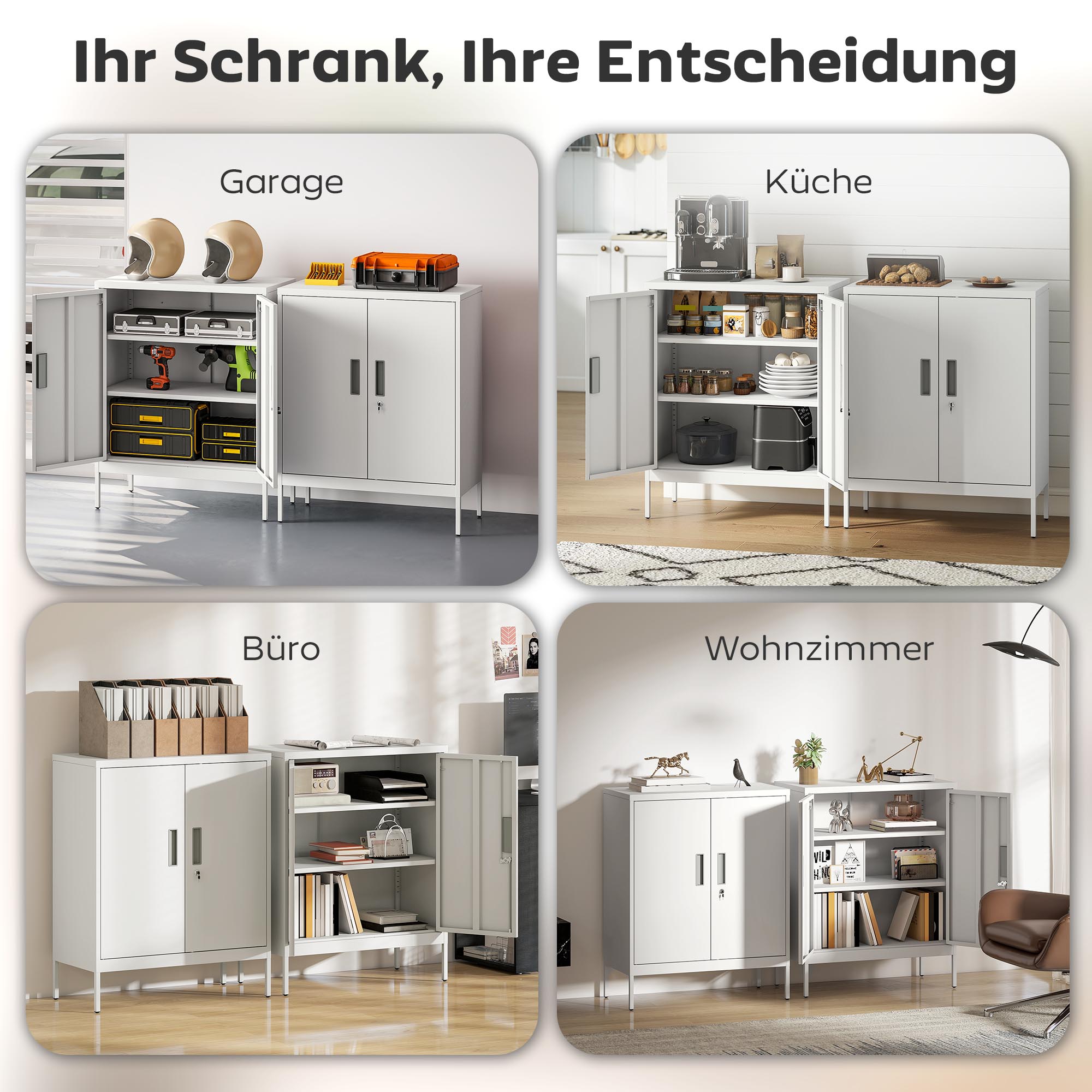 verschließbarer Stahlschrank mit 2 Türen, Büroschrank, verstellbare Regale, für Homeoffice, Wohnzimmer, Garage, Weiß