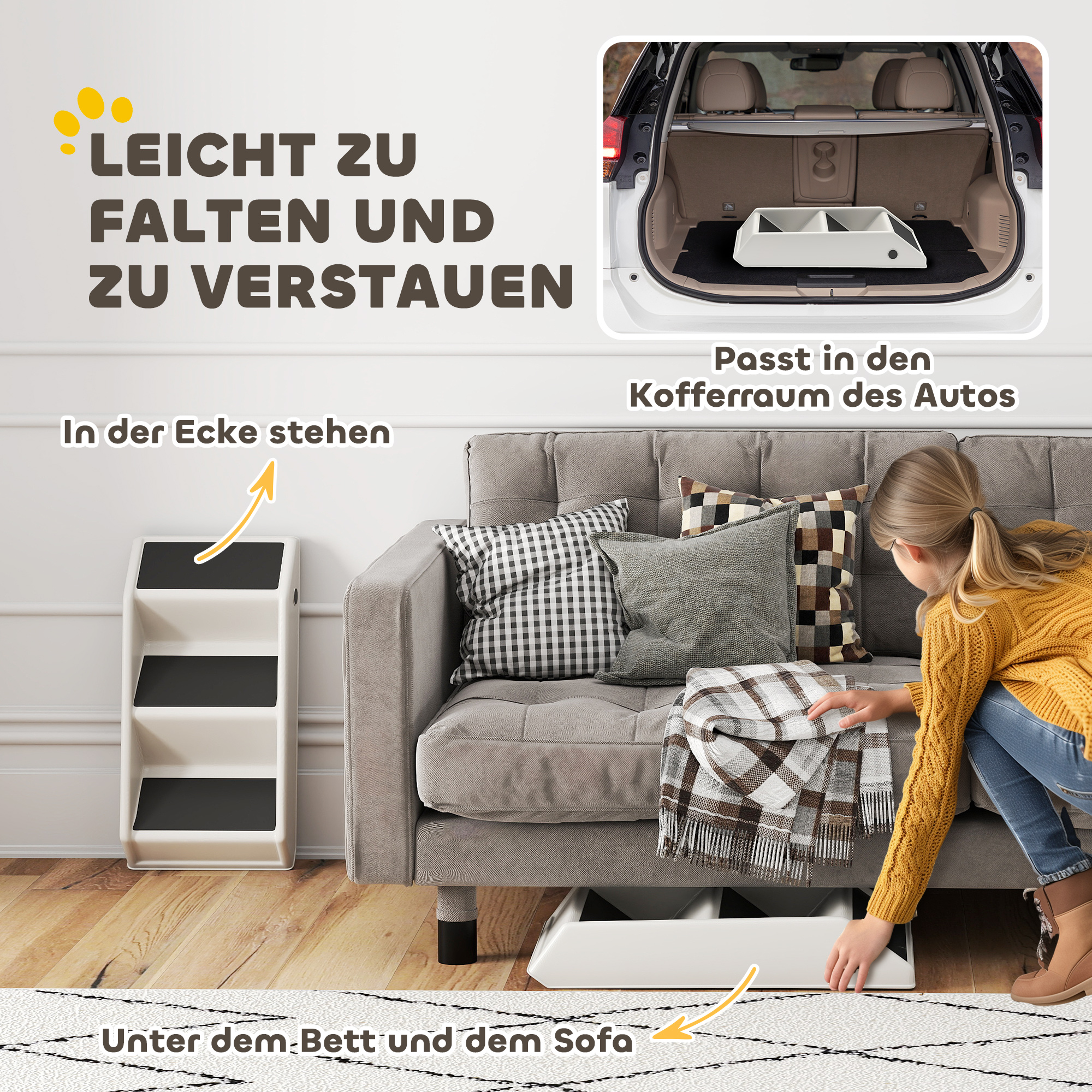 Hundetreppe 3 Stufen 36,5 cm Hoch Haustiertreppe für Kleine Hunde klappbar für Bett, Sofa, Couch Auto Cremeweiß