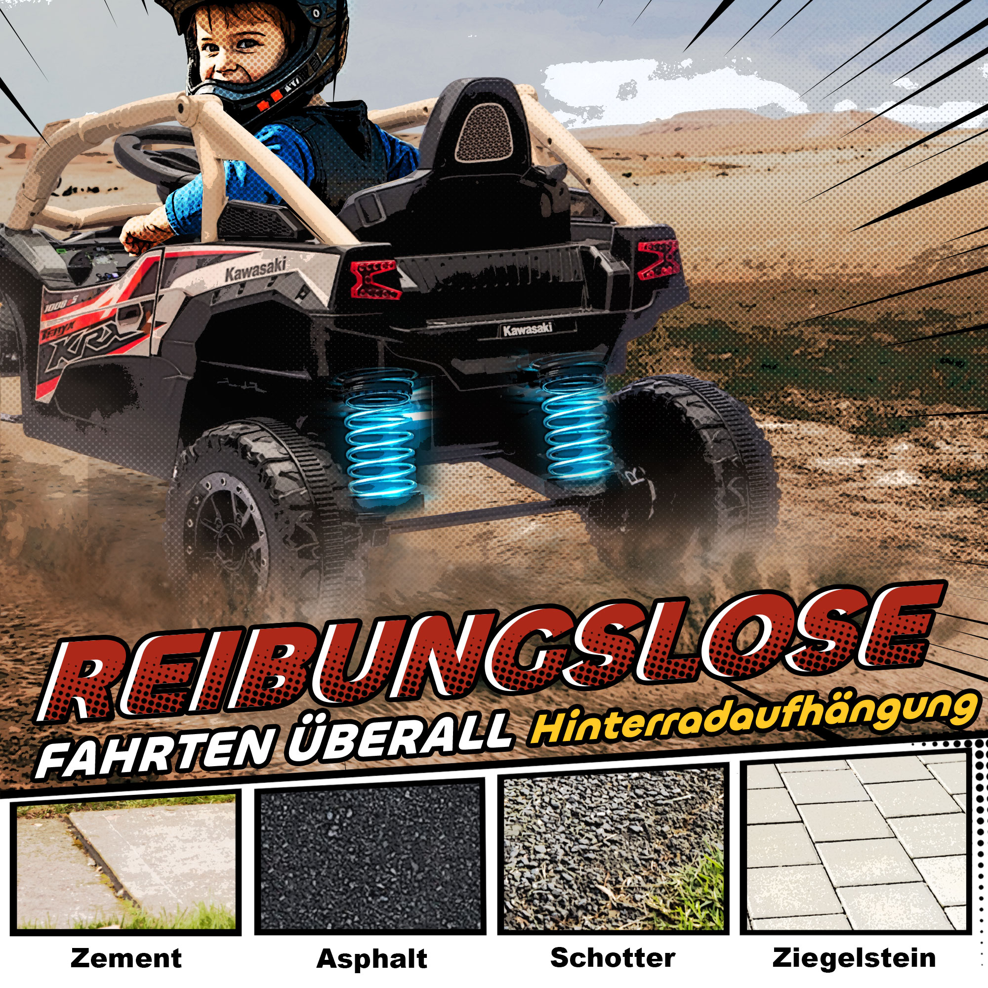 12V Geländefahrzeug für Kinder, Fernbedienung, LED-Lichter, Musik, Hupe, für Kinder von 3-8 Jahren, Gelb