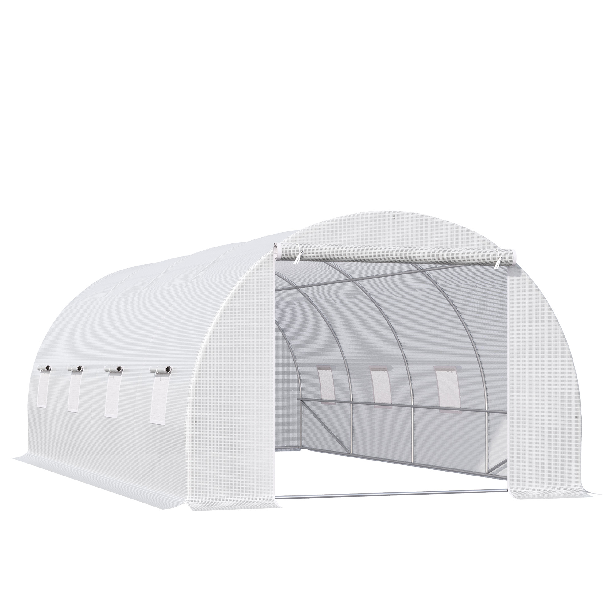 Gewächshaus 595x300x200cm Foliengewächshaus Tomatenhaus mit Tür, Fenster, Folientunnel aus verzinktem Stahl, Pflanztunnel, Treibhaus inkl. Erdanker Seilen, Gartentunnel, Weiß