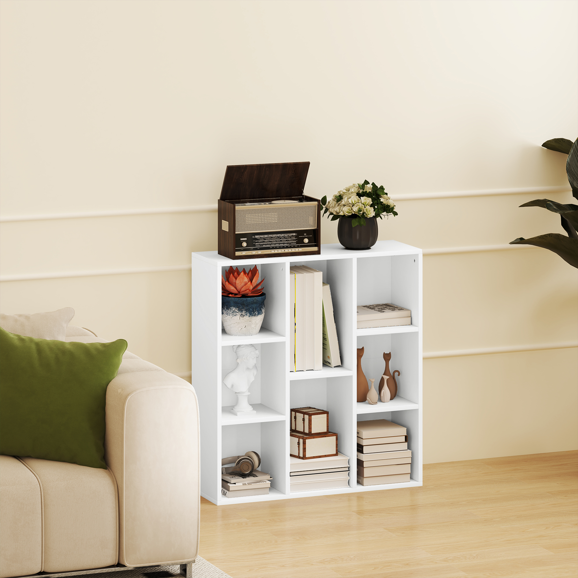 3-Ebenen-Bücherregal, 8 Fächer, Spanplatte, Aufbewahrungsregal, Weiß