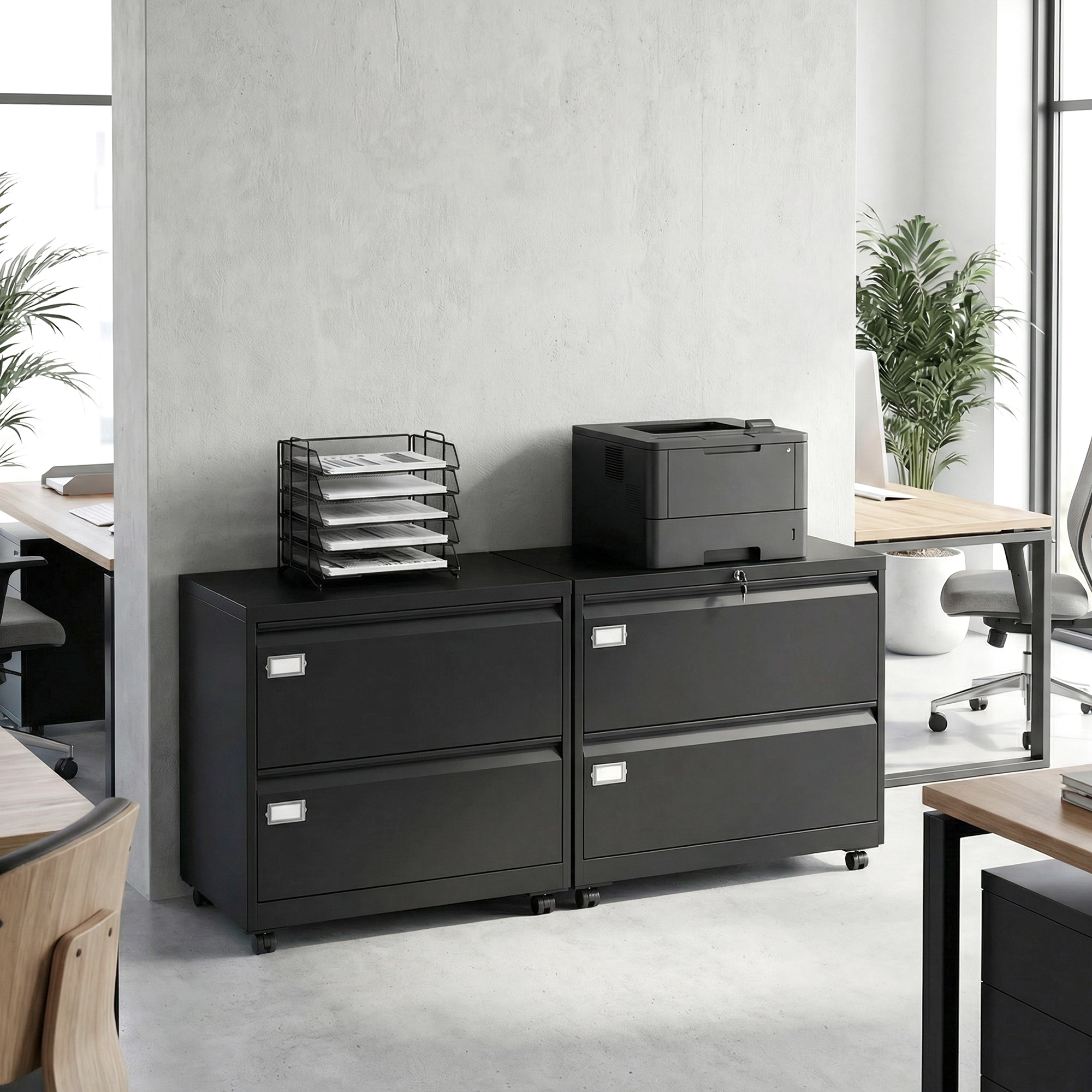 Rollcontainer mit 2 Schubladen abschließbar Aktenschrank mit verstellbarem Hängeregistratur 90 x 40 x 77,4 cm Schwarz