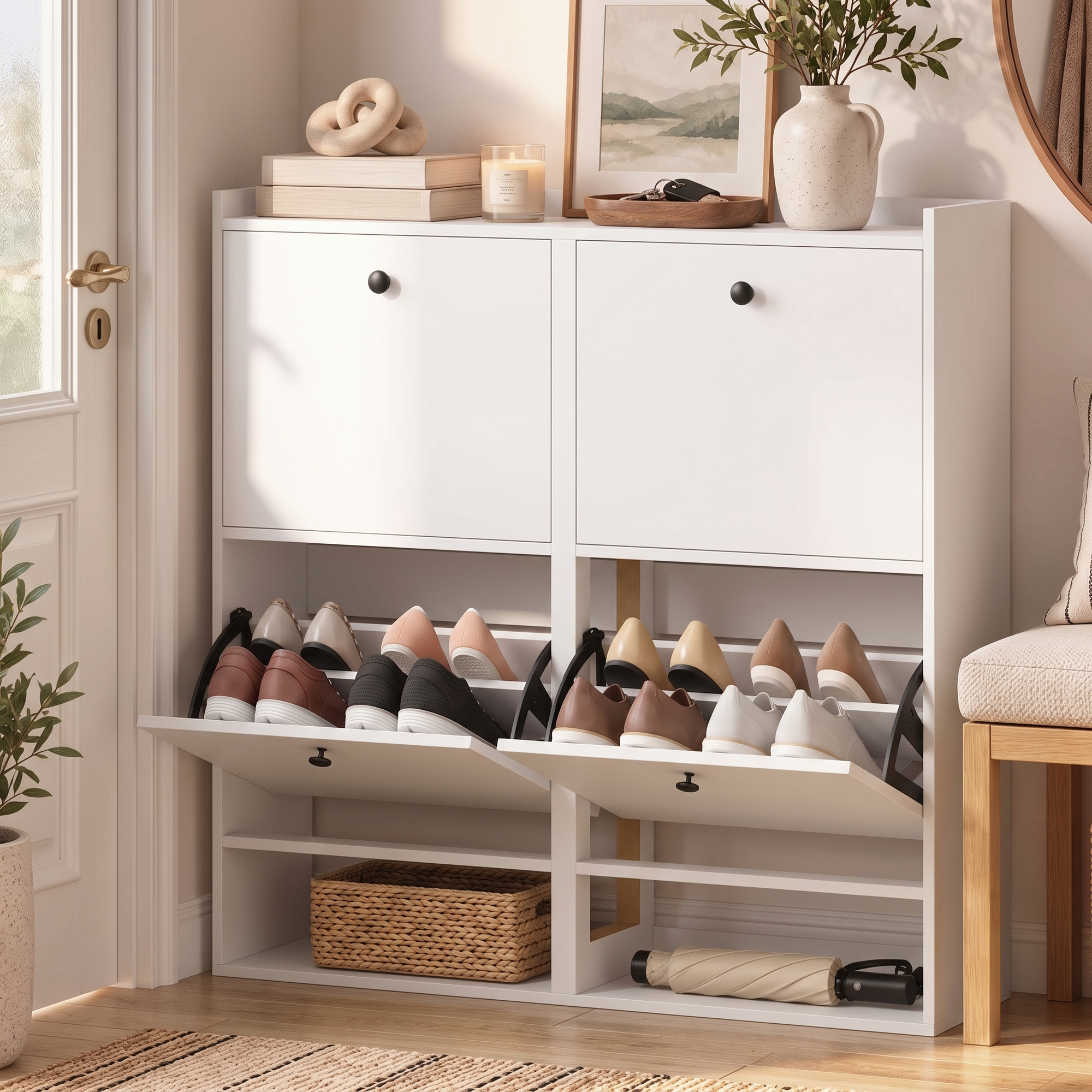 Schuhschrank mit 4 Klappfächern, verstellbaren Trennwänden, offenem Regal und oberer Ablage, Weiß
