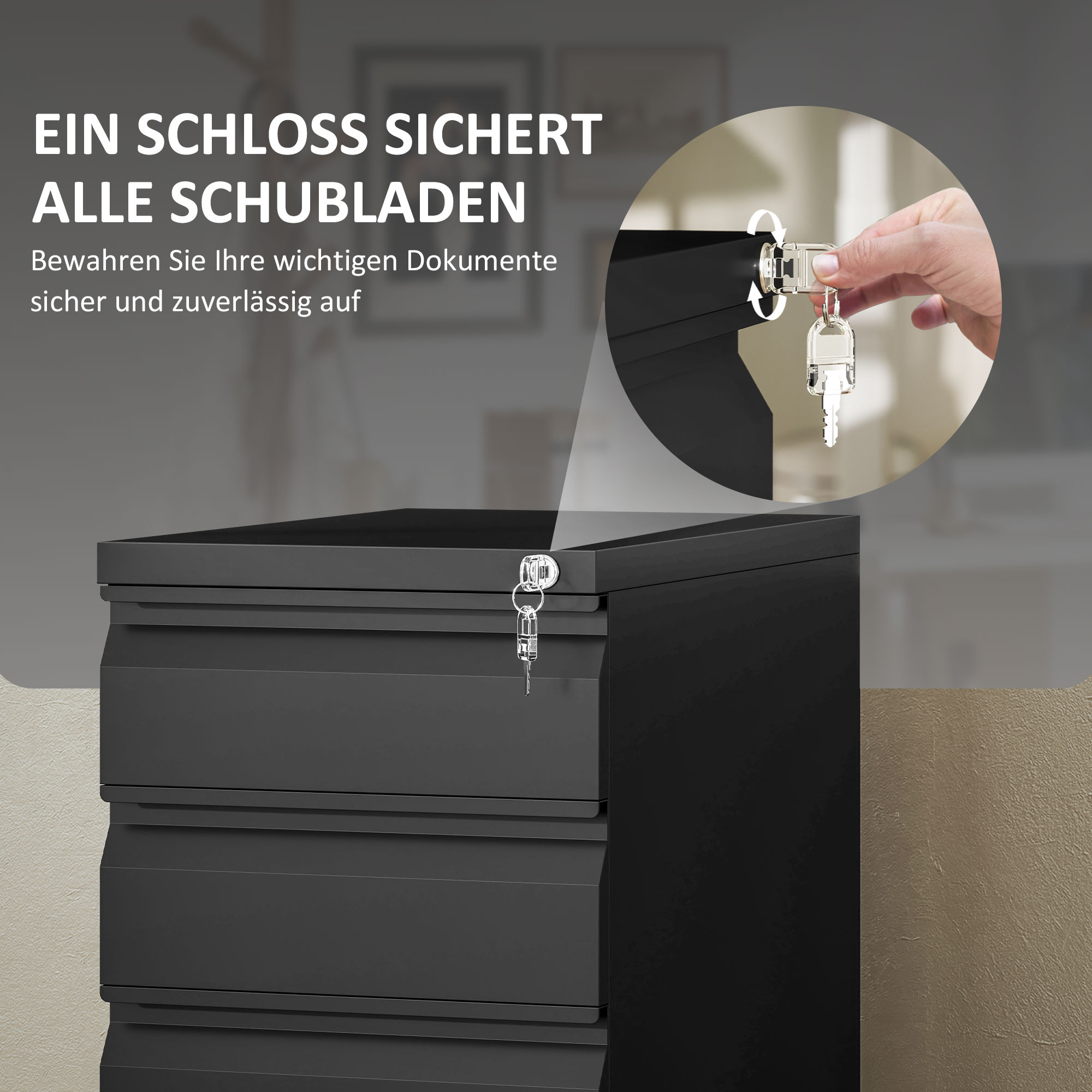 Aktenschrank aus Metall, Büroschrank, 3 Schubladen, rollbar, Schwarz