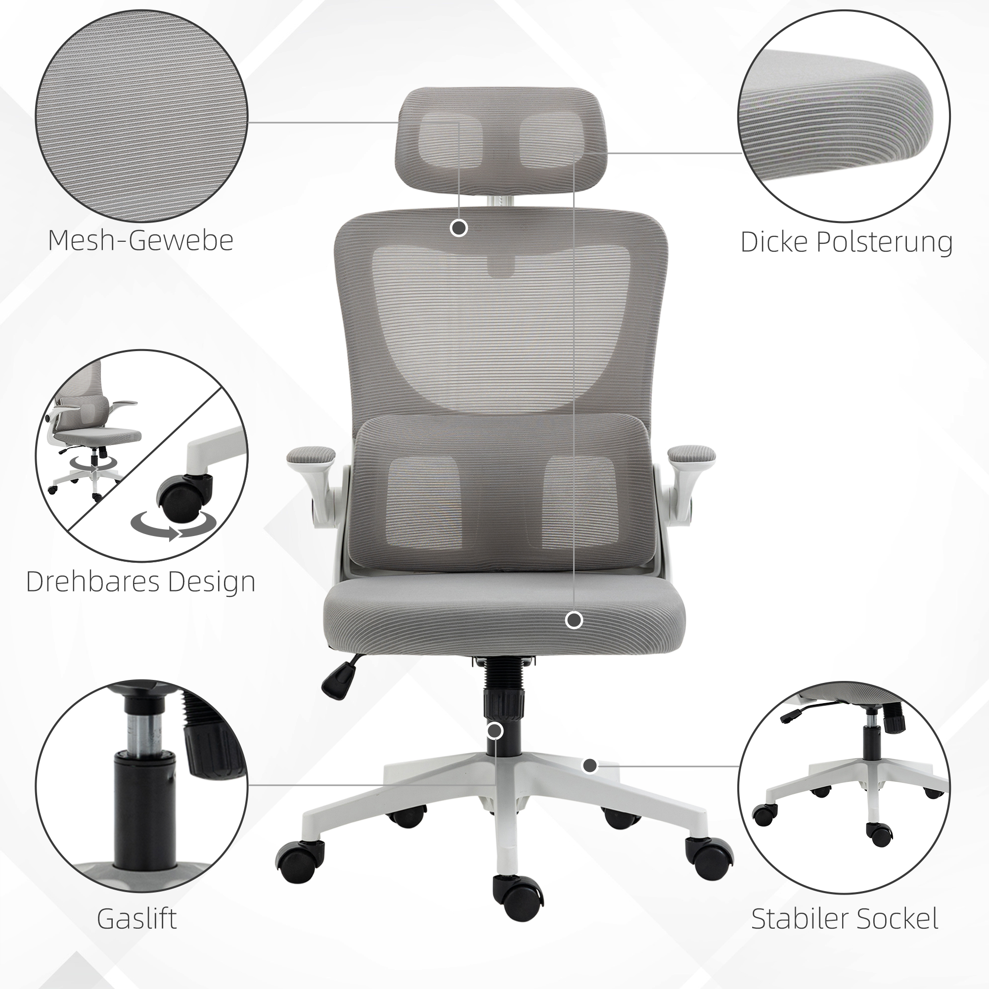Bürostuhl, höhenverstellbar, verstellbare Kopfstütze, bis 120 kg, 60x59x114-122 cm, Grau