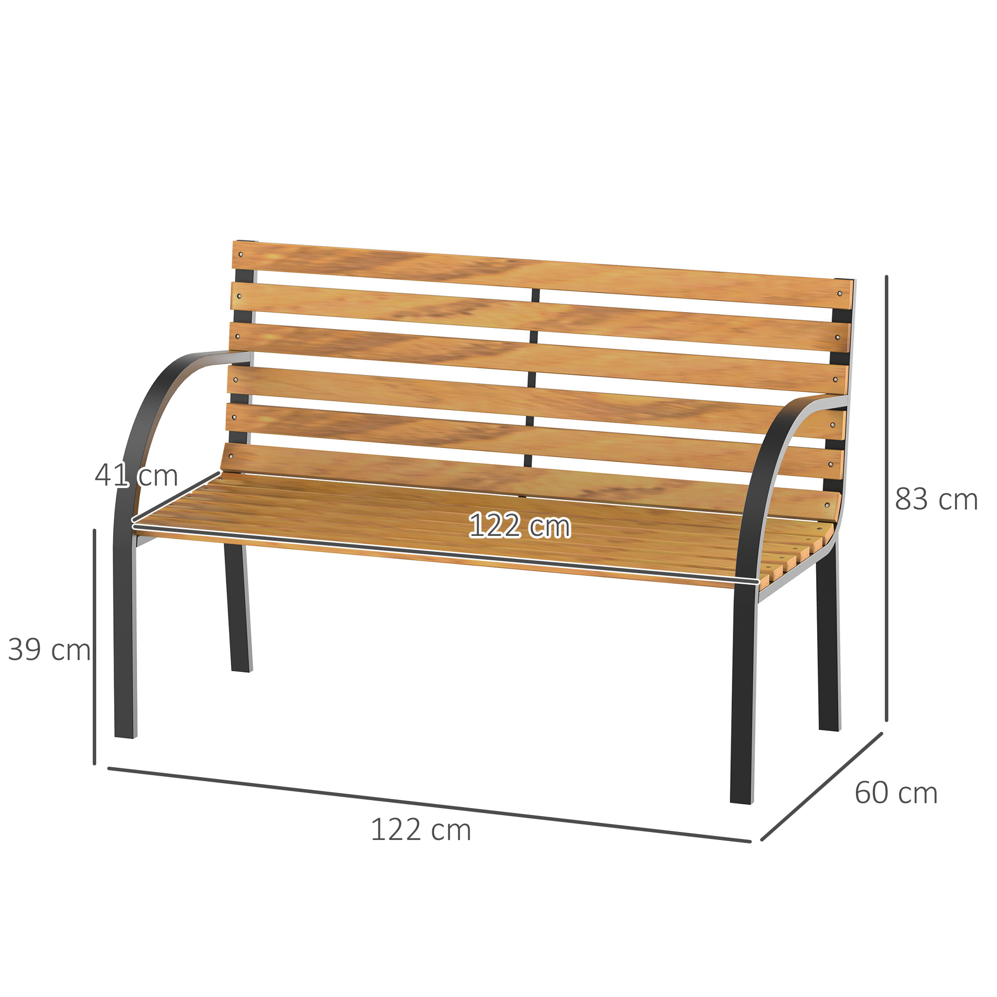 Gartenbank Sitzbank Parkbank 2-Sitzer Garten Stahl+Kiefernholz Natur B122 x T60 x H83 cm