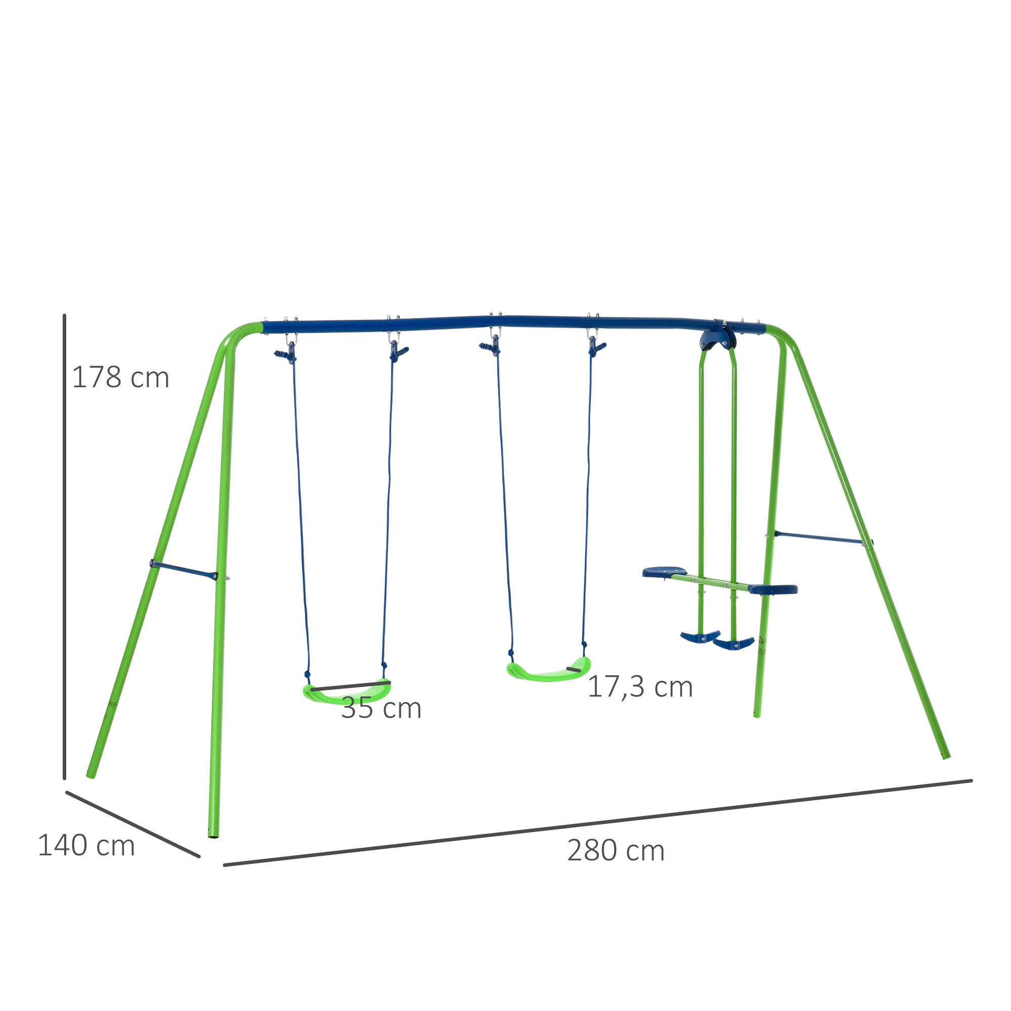 Schaukelgestell, Outdoor-Schaukelgerüst mit 2 Schaukeln, Wippe, Kinderschaukel mit Metallgestell, Grün