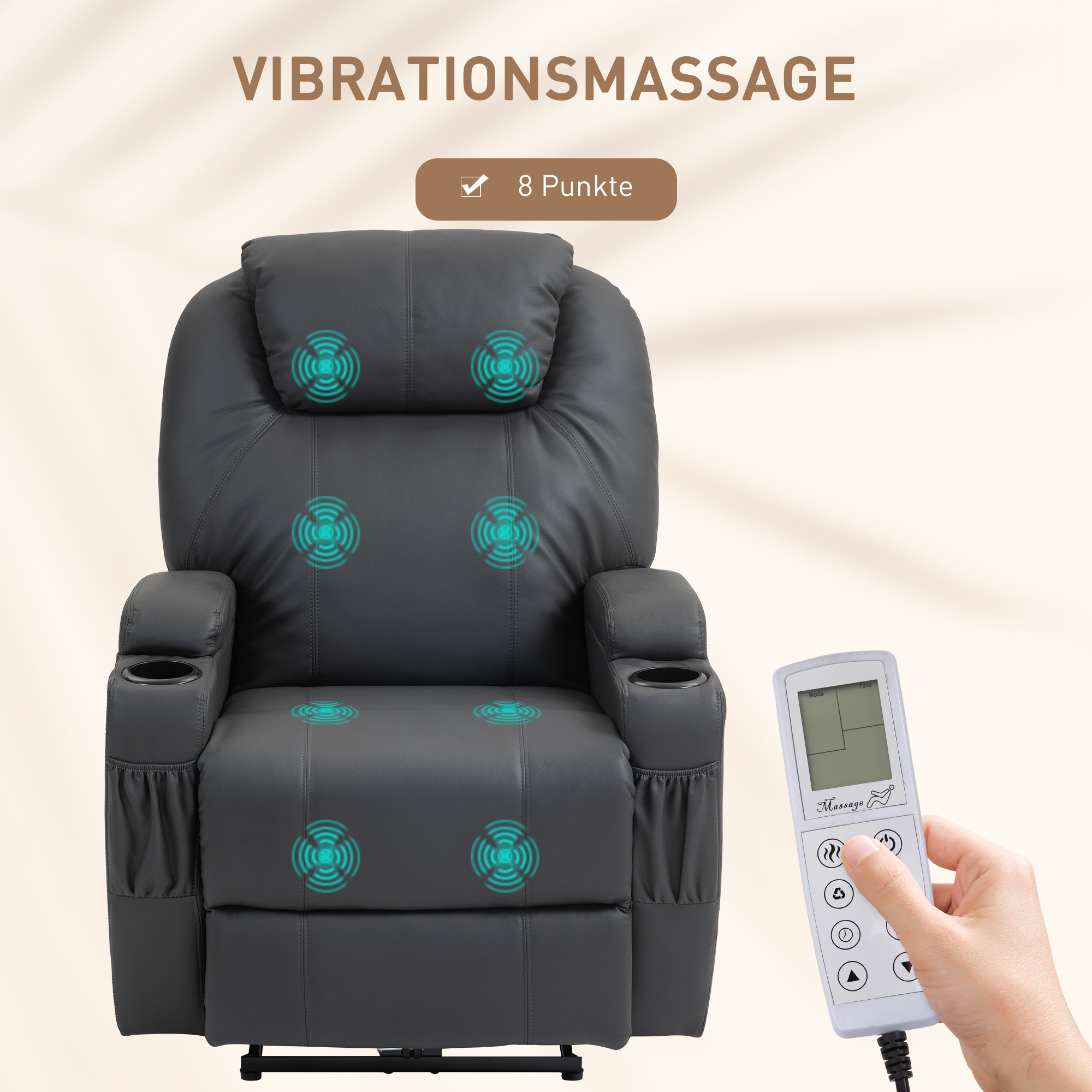 Massagesessel, elektrisch verstellbar, 8 Vibrationspunkte, Becherhalter, Kunstleder, Dunkelgrau