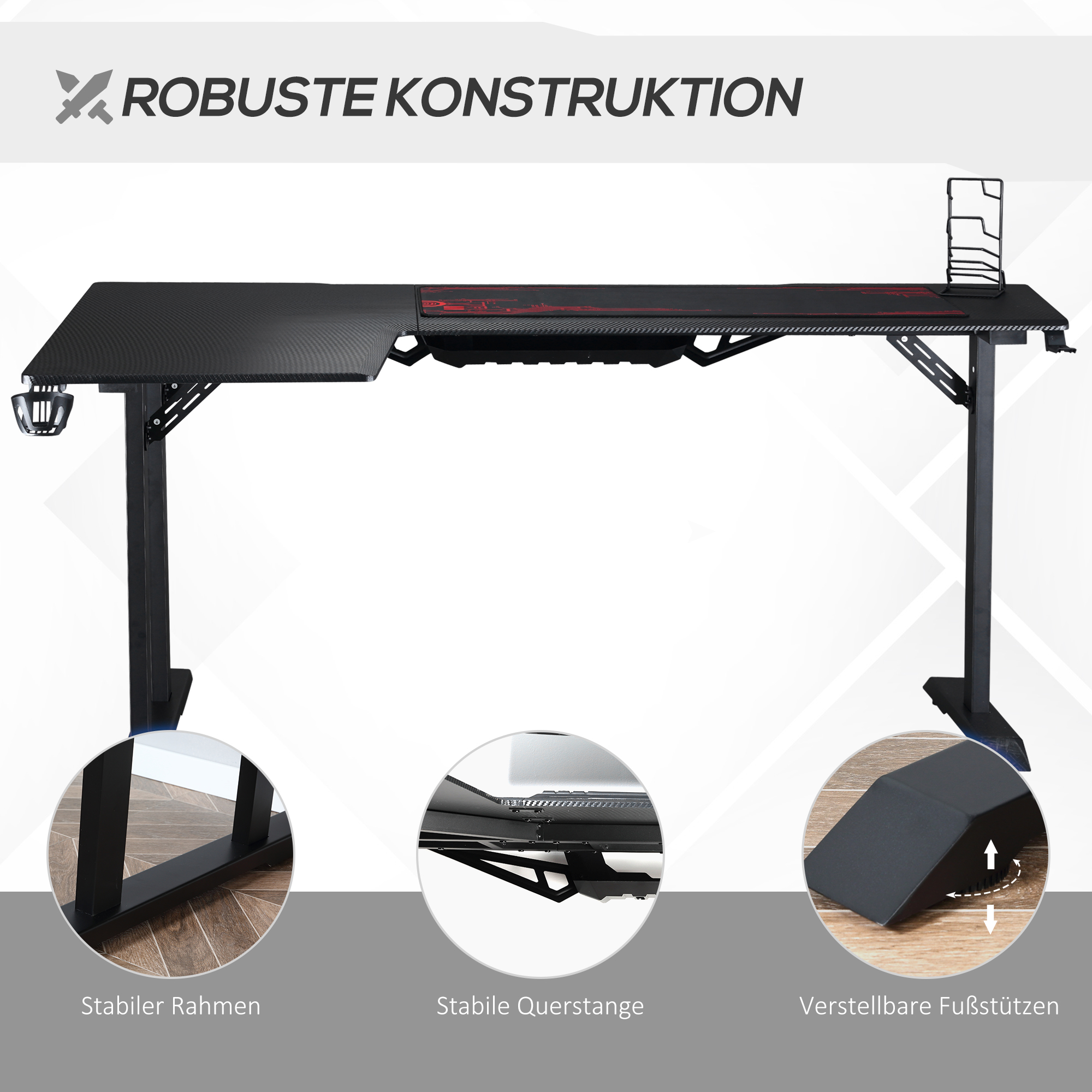 Gaming Tisch Schreibtisch L-förmige mit Kopfhörerhaken Getränkehalterung Computertisch MDF Metall Schwarz+Rot 168 x 109 x 78 cm