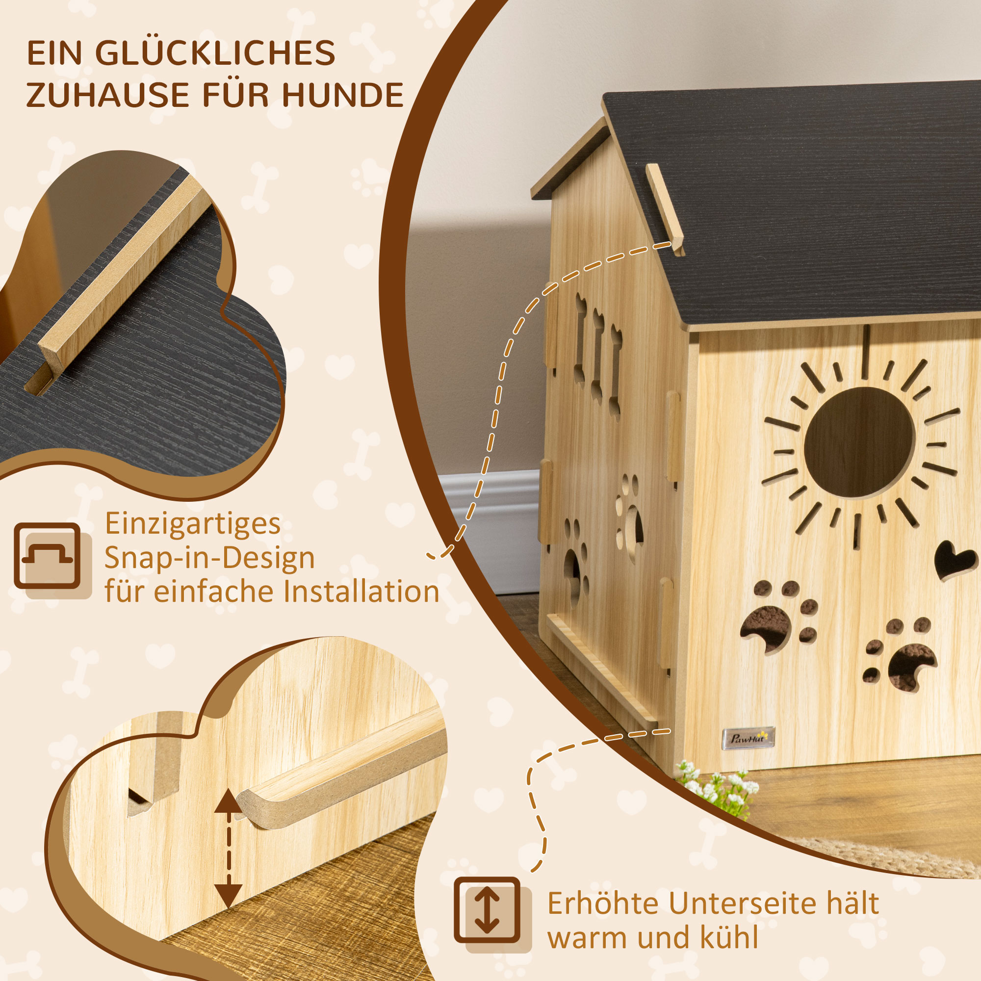 Hundehütte, mit Lüftungsöffnungen, wetterfest, Holzmaterial, Schwarz+Holzfarbe, 69 x 50 x 58,5 cm
