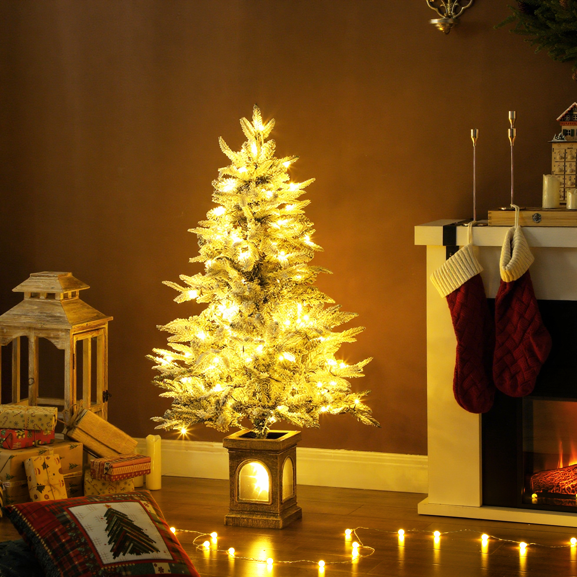 Künstlicher Weihnachtsbaum, schneebedeckter Look, 100 LEDs, 8 Modi, Kunststoff