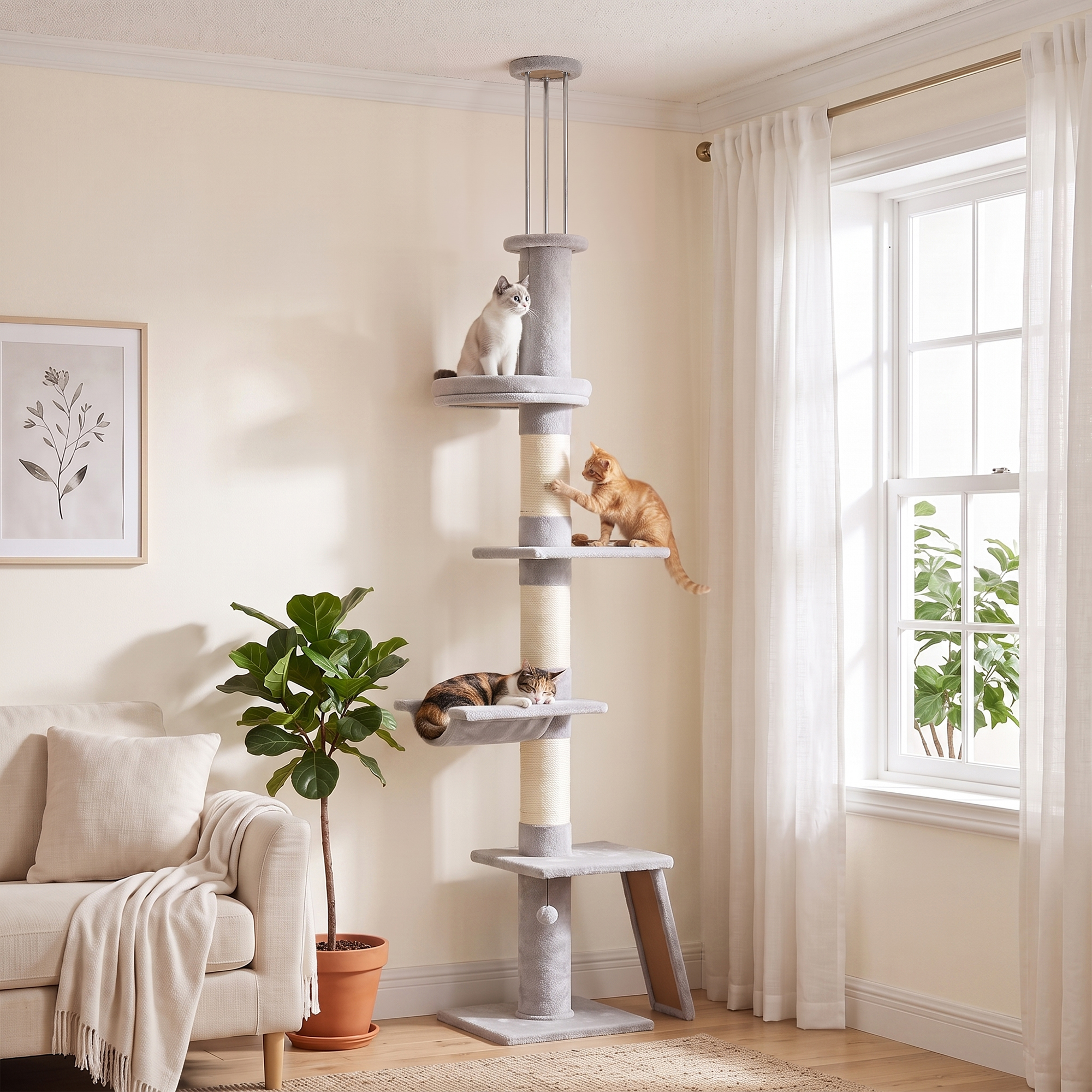 Kratzbaum Deckenhoch 230–260 cm höhenverstellbar Katzenbaum mit 5 Etagen 3 dicke Sisal-Kratzstämmen, Sisal-Kratzbrett
