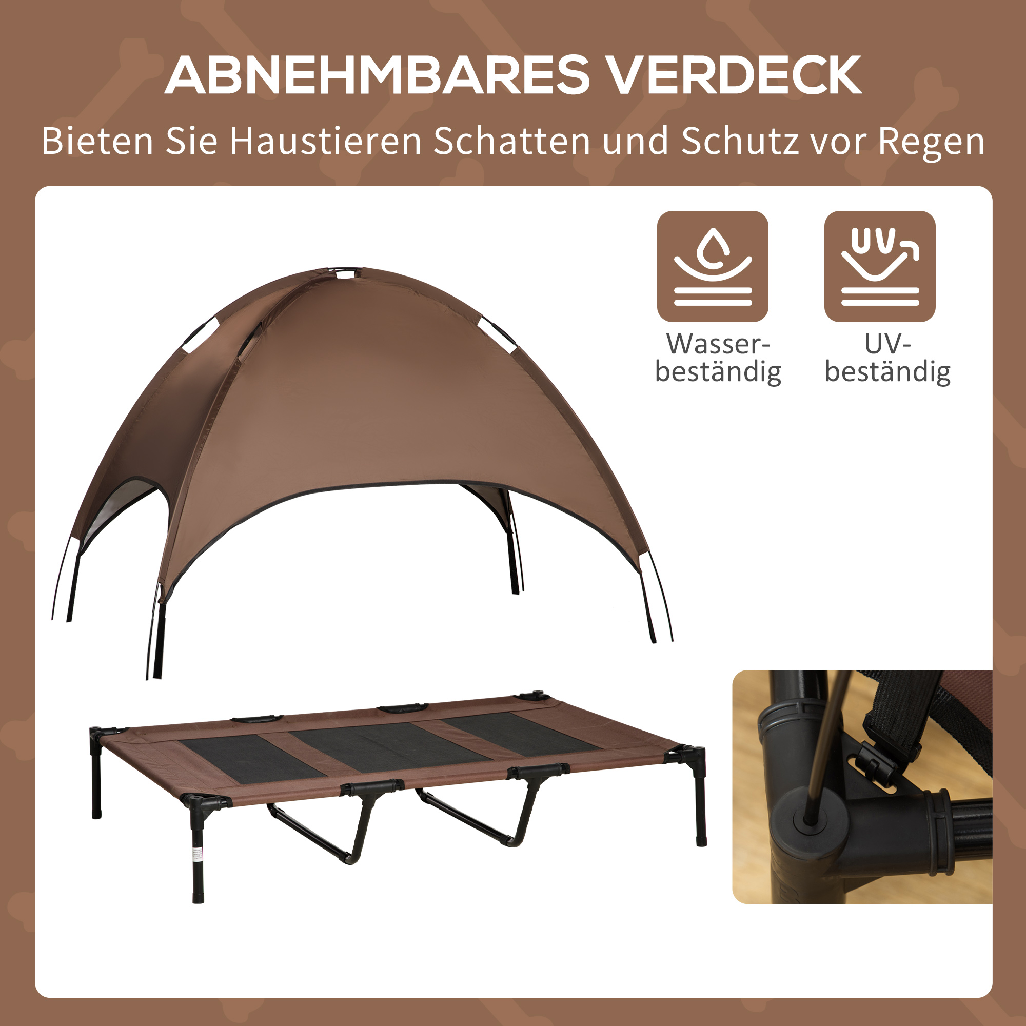 erhöhtes Hundebett mit Baldachin, Haustierbett, Hundeliege outdoor mit Dach, Atmungsaktiv, Taftstoff für Camping Kaffee 122 x 92 x 108 cm