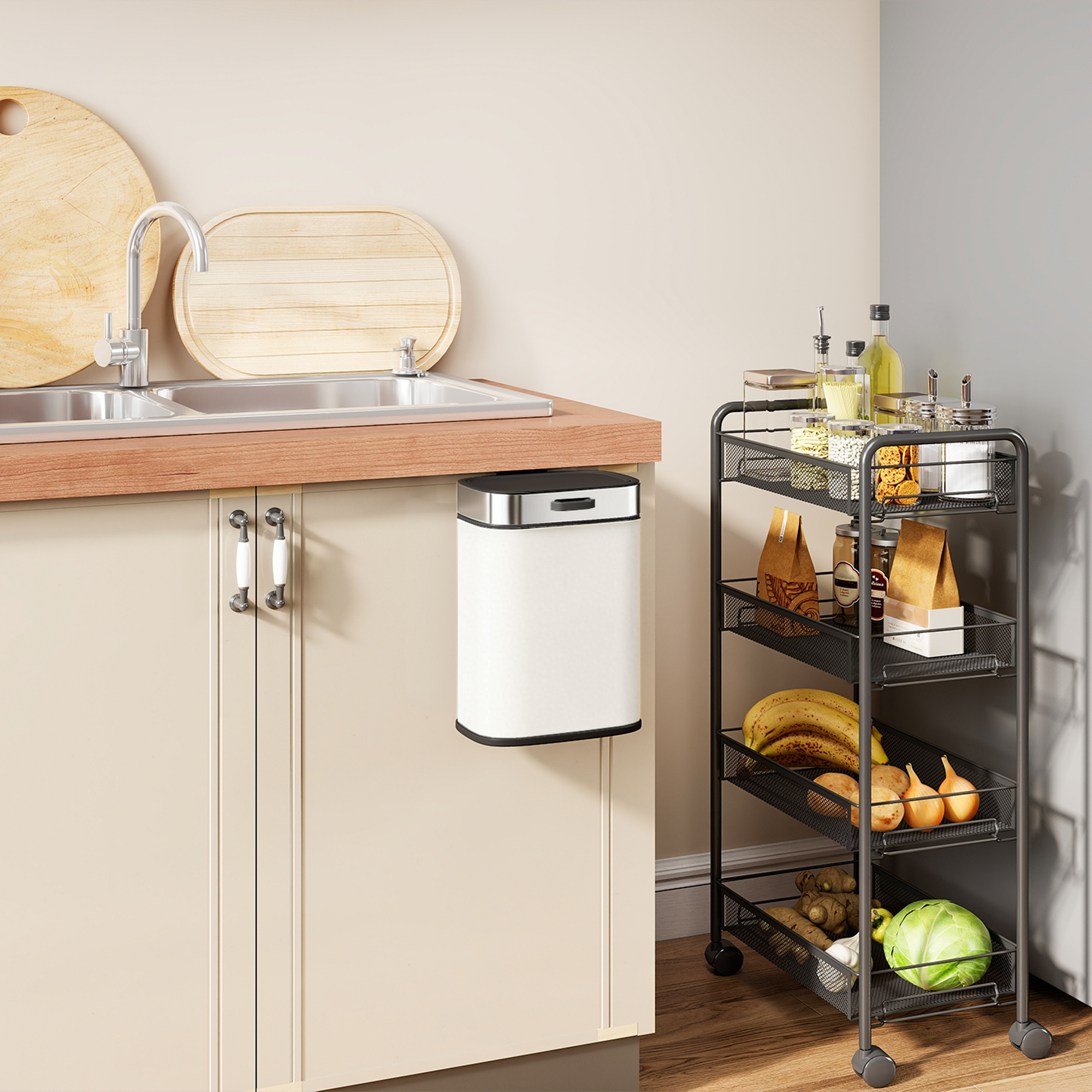 5 L Mülleimer, freistehend oder hängend platzierbar, Edelstahl, Cremeweiß