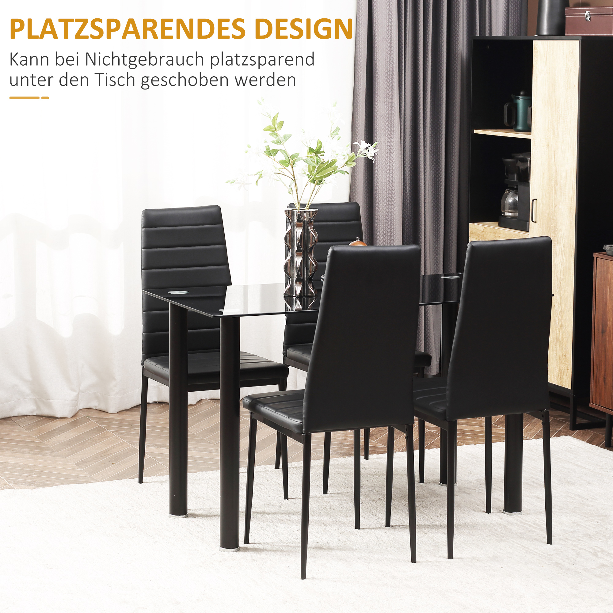 5-tlg. Essgruppe Sitzgruppe Esstisch mit 4 Stühlen, modernes Design, Glastisch, Schwarz