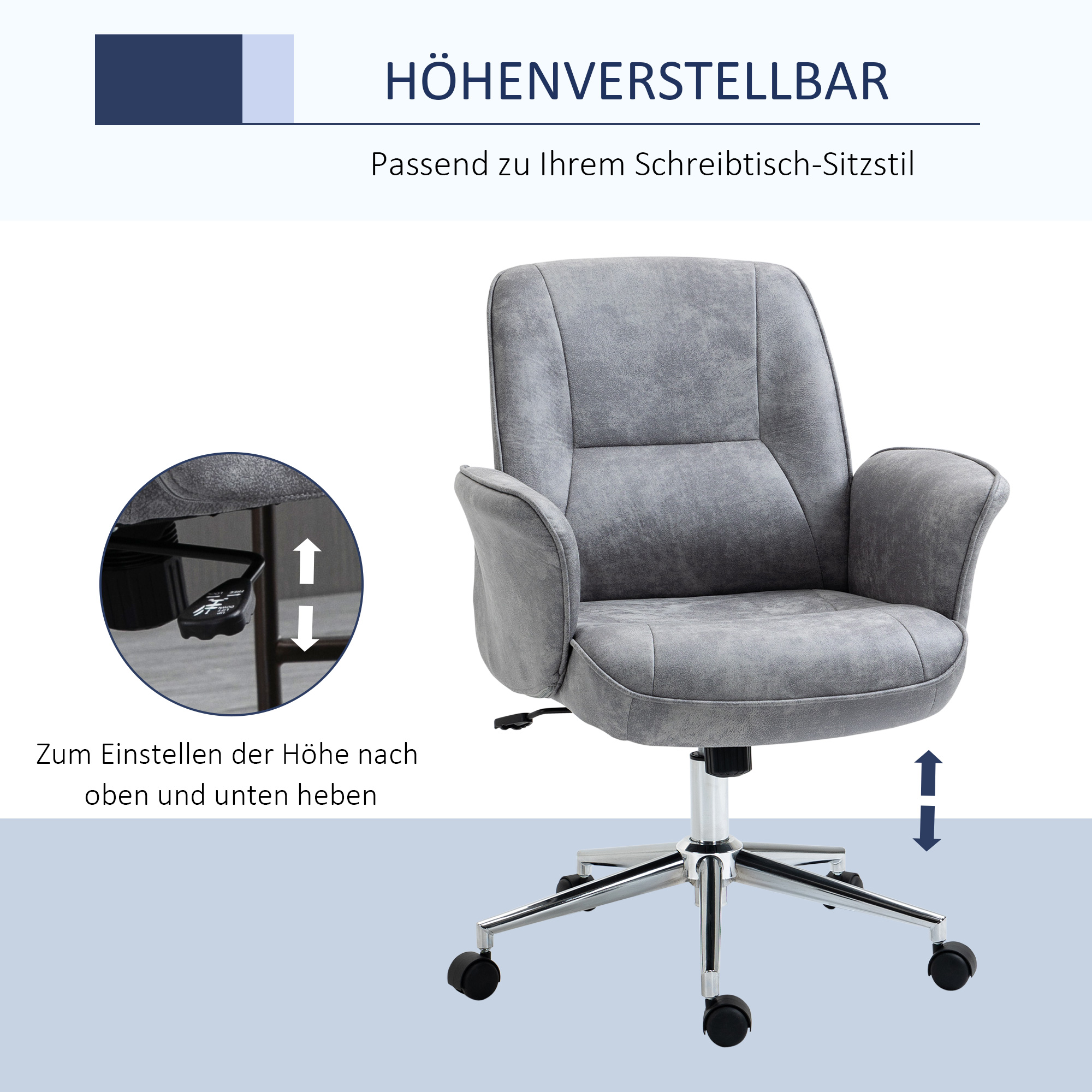 Bürostuhl mit Wippfunktion Schreibtischstuhl höhenverstellbarer Drehstuhl ergonomischer Arbeitsstuhl modern Belastbar bis 120 kg Mikrofaser Hellgrau 67 x 69 x 92-102 cm