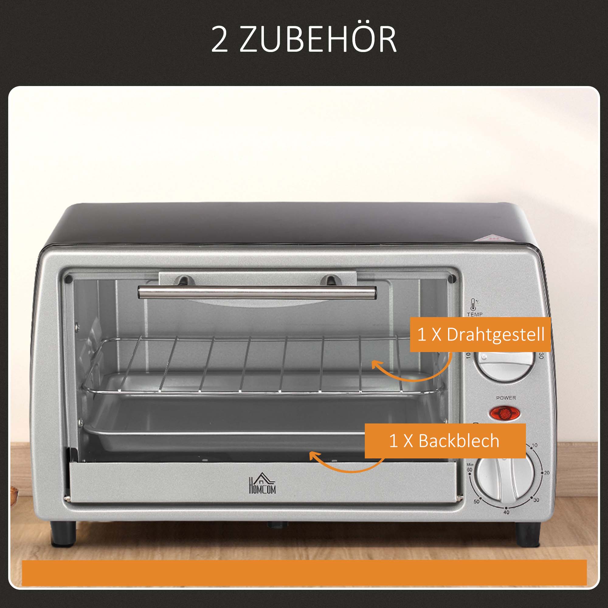 Mini Backofen 10 L 750W 100-230? 60 Min, Timer mit Backblech, Grillrost und Herausnehmbarer Bodenschale, Pizza-Ofen Silber