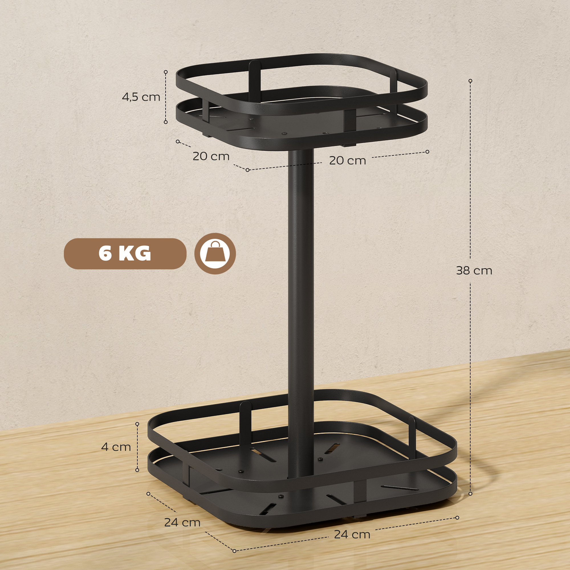 Drehbares Gewürzregal, 2-stufiges Design, Saugfüße, Metall, Schwarz