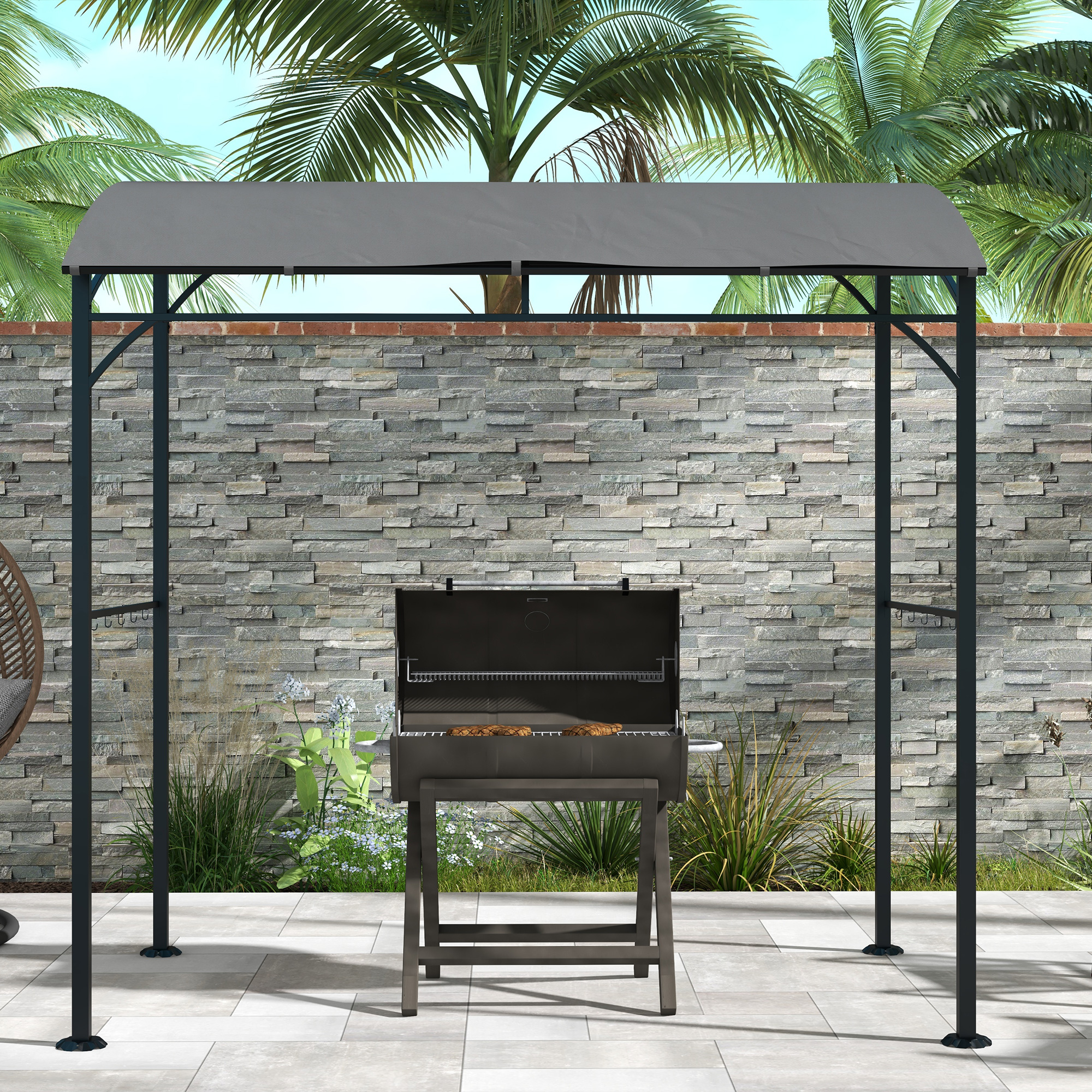 Grillpavillon, Grillüberdachung, Regenschutz, Haken für Utensilien, Stahlrahmen, Dunkelgrau, 215 x 150 x 182/220 cm