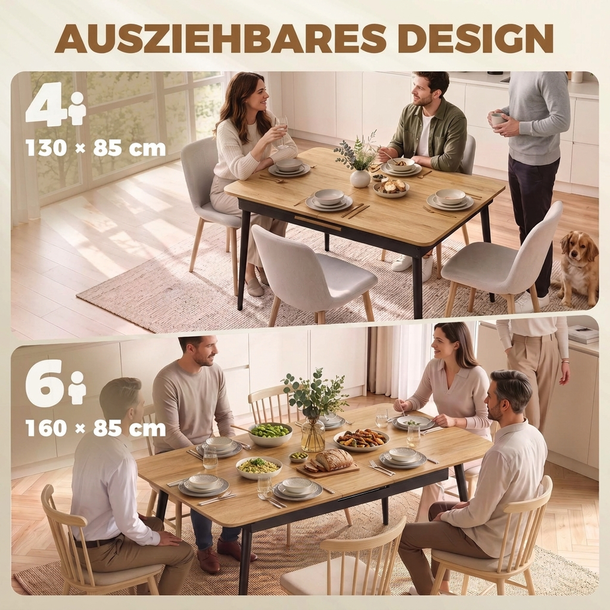 ausziehbarer Esstisch 130-160 cm, Küchentisch mit abgerundeten Ecken, Eiche