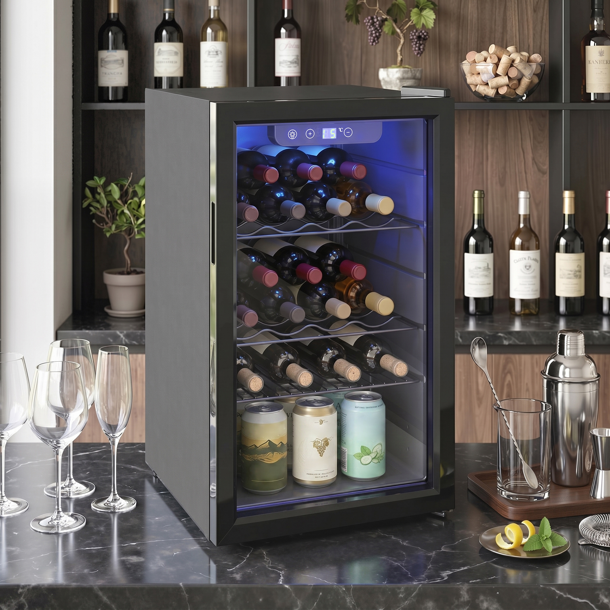 Weinkühlschrank 24 Flaschen, 68 Liter Kapazität, 4–16 °C Standgerät für Getränke, Bier und Wein mit Glas-Tür, Schwarz
