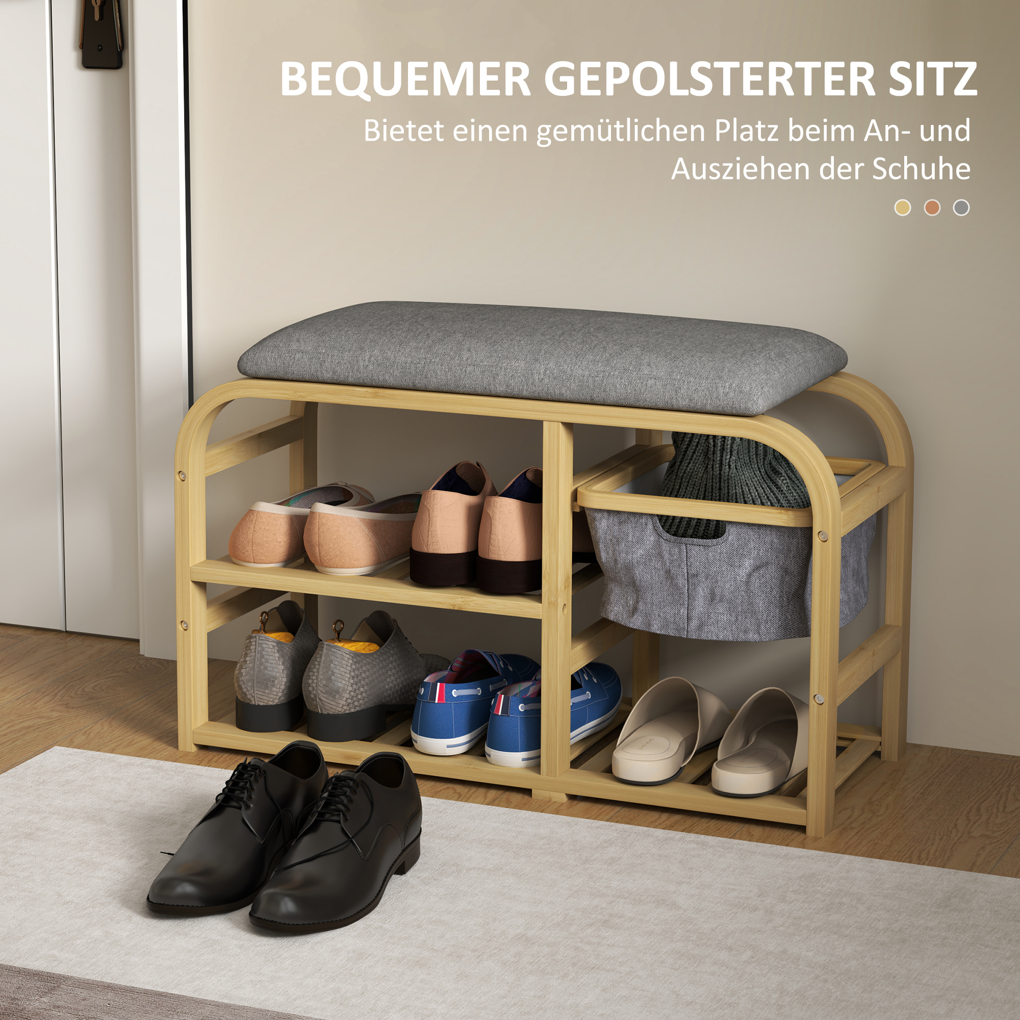 Schuhbank mit Regalen, Schuhaufbewahrungsbank, Bambus, Polstersitz, Grau