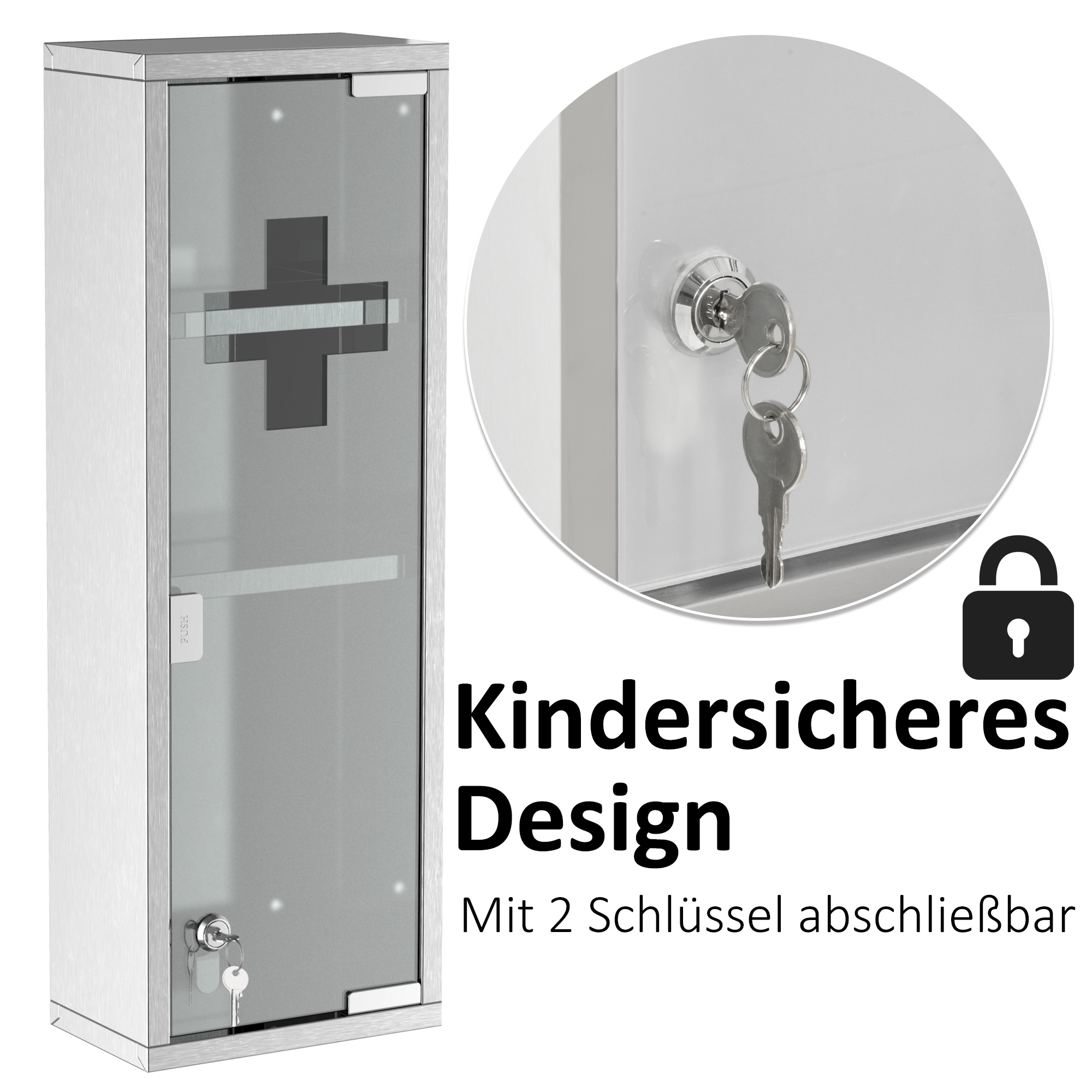Medizinschrank aus Edelstahl und gehärtete Glastür Arzneischrank zur Medikamenten-Aufbewahrung, Abschließbar Medikamentenschrank mit 3 Fächern, Erste Hilfe Schrank, 20 x 12 x 58 cm, Silber